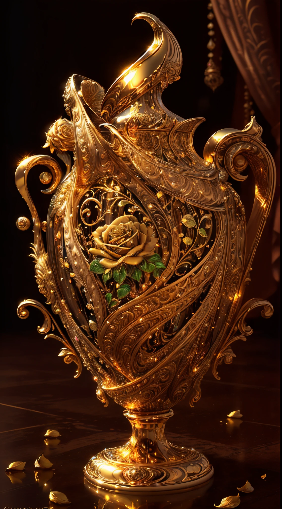 (best quality, highres, realistic:1.37), gold rose, detailed petals, intricate design, shimmering, luxurious, precious metal, exquisite craftsmanship, delicate curves, rich textures, sparkling reflections, intricate engravings, vibrant colors, beautiful composition, masterful artwork, glowing, golden hues, captivating beauty, surreal, opulent, timeless elegance