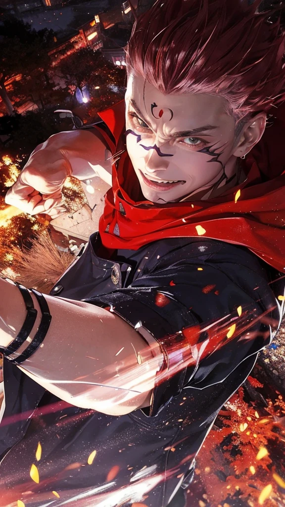 1man, itadori yuji mode sukuna in anime jujutsu kaisen, short hair , red hair, brown light eyes, handsome, smile, purple clothes, realistic clothes, detail clothes, city background, ultra detail, realistic