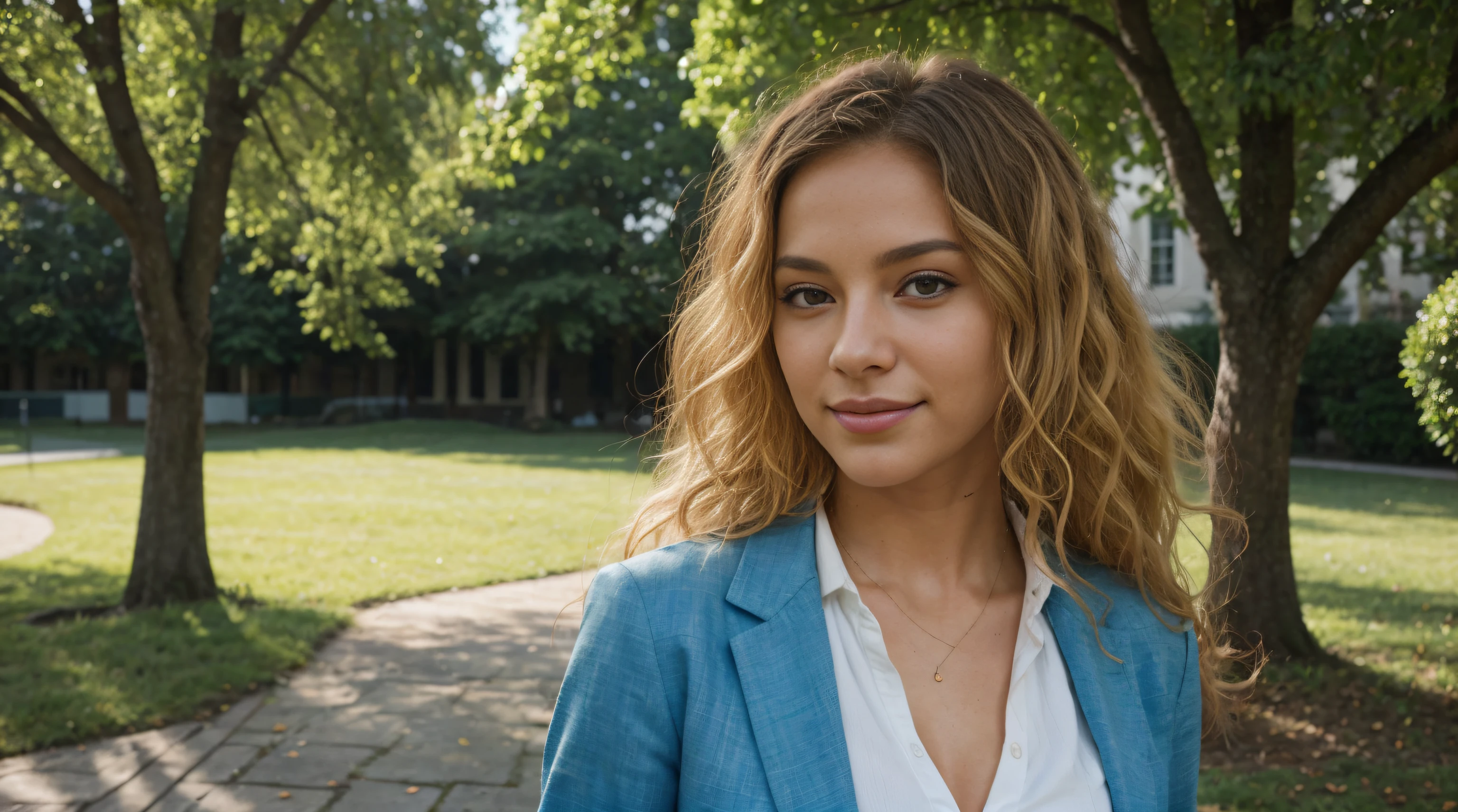 multicolored hair, crown, dashed eyes, smile, Hyperrealism, cinematic lighting, close-up, Ultra-Wide Angle, 135mm, Canon, best quality, higIn the radiant glow of a sunlit afternoon on the university campus, an Afro-Brazilian student with luscious blonde curls exudes confidence and style as she gracefully strolls through the grounds. Dressed in a sophisticated ensemble, she wears a blue blazer that complements her vibrant personality, paired with a crisp white blouse for a classic touch. The sunlight bathes the campus in a warm and inviting aura, casting a gentle play of light and shadows on the cobblestone paths and surrounding greenery. The camera adeptly captures the nuanced details of the scene, highlighting the textures of the student's clothing and the natural elements of the environment. Her blonde curls, coiled with a natural elegance, frame her face in a radiant halo. The sunlight catches the individual strands, showcasing the beauty and uniqueness of her curly hairstyle. Shadows beneath the curls add depth, enhancing the overall visual impact. Facial features are carefully portrayed, capturing the essence of a refined and confident demeanor. High cheekbones and captivating, slightly narrowed eyes contribute to an air of grace and sophistication. The lips are full and expressive, enhancing the model's charismatic presence. The camera angles offer various perspectives, capturing the model in motion as she navigates through the campus scenery. The blue blazer and white blouse stand out against the vibrant campus backdrop, creating a striking visual contrast. The background includes iconic university landmarks, blending the sophistication of academic architecture with the natural beauty of the surroundings. This detailed image prompt aims to bring to life the radiant elegance and individuality of an Afro-Brazilian student with blonde curls, dressed in a blue blazer and white blouse, celebrating her unique beauty and confident presence on the university campus.
