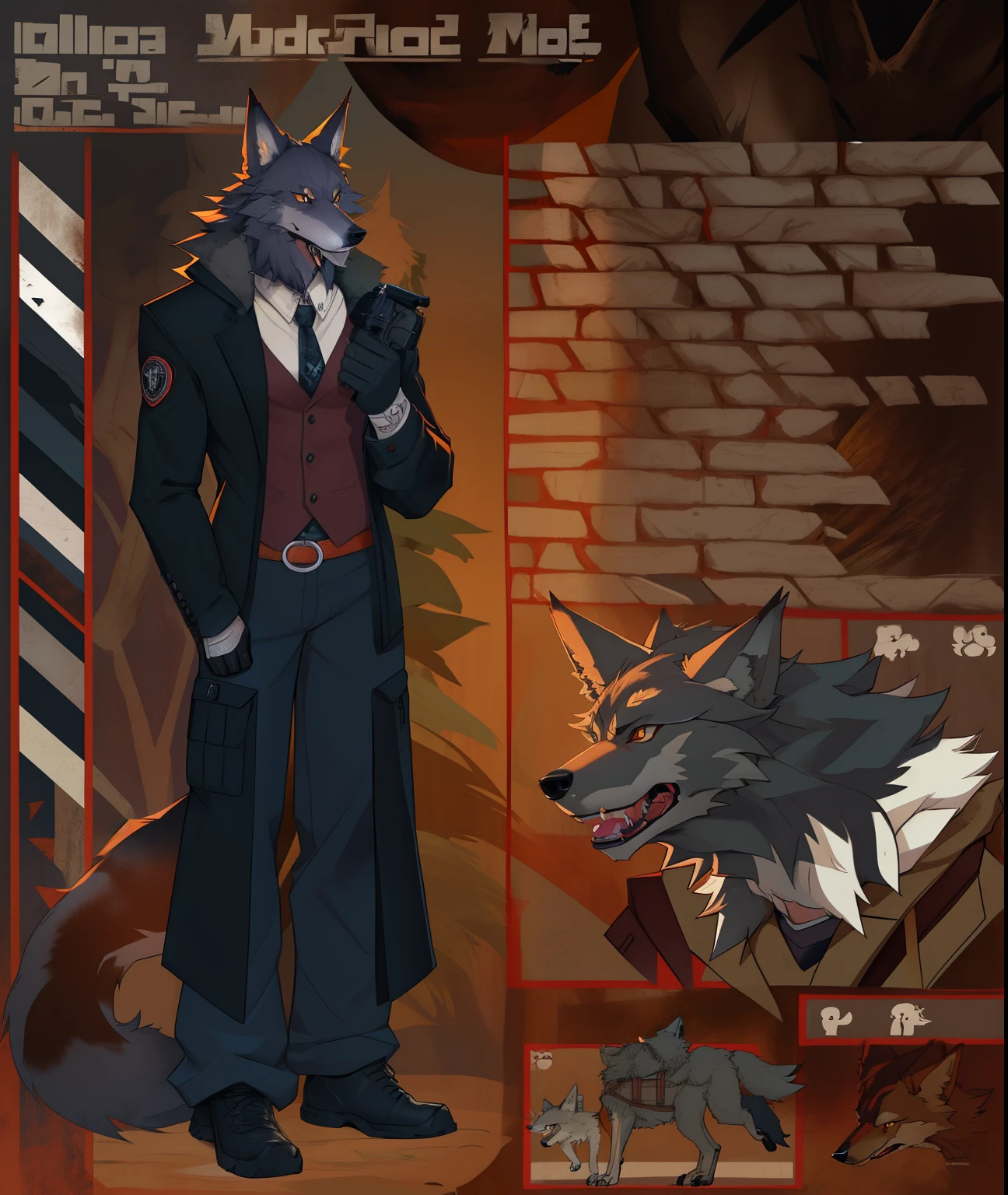 there is an image of a cartoon character with a gun, anthropomorphic wolf male, an anthro wolf, Anthropomorphic male coyote, an anthro wolf, !anthropomorphic!, reference sheet, an anthro wolf, Furson's Wolf, Character Reference Sheet, Hybrid Man / anthro, werewolf", The nature of the adoptee