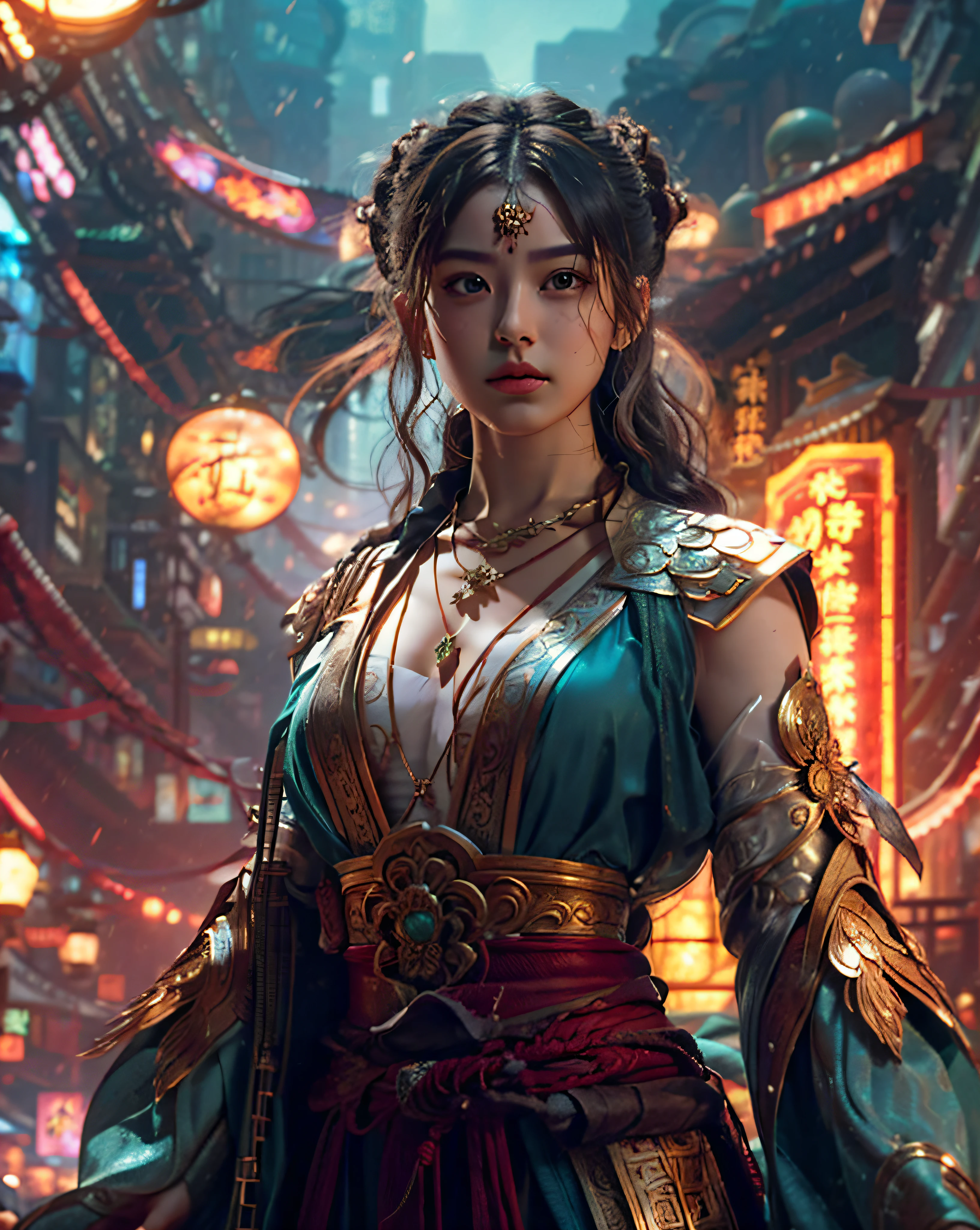 8K RAW Photos, Realistic, Film Grain, Soft cinematic light, Rim Light, View your viewers, Hello, Spotlight, Tom Bagshaw style portrait nc4v4n1s 1girl, , Detailed painted face, Five fingers, Long Hair, Red Bindi, TTPT-FC, Thick thighs, plump , Graceful pose, Exquisitely detailed clothing, Film Grain, Cleavage, Jade Necklace, (magic circle:0.8), Xiuxian,