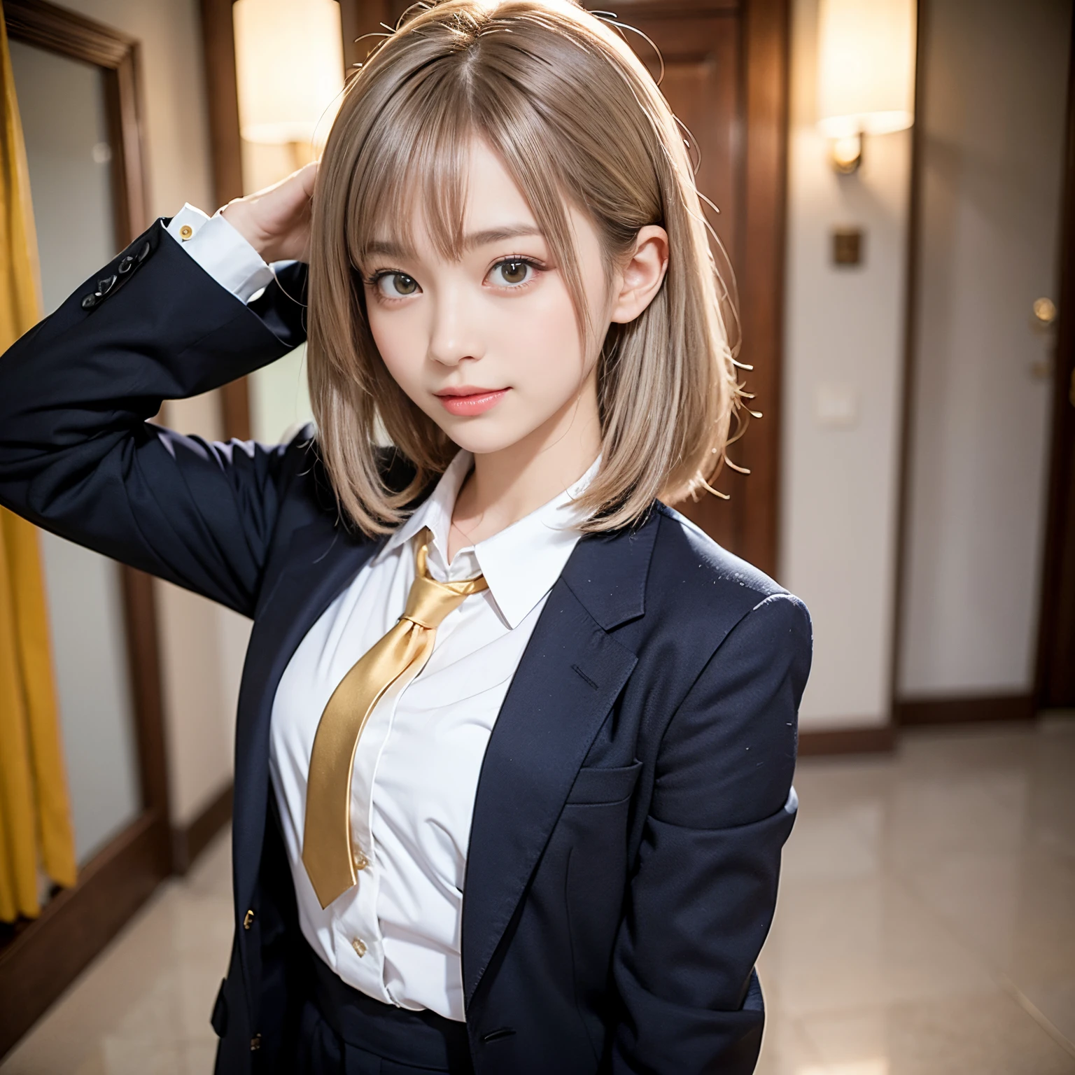 (masutepiece, Best Quality:1.2), 8K, Official art, Full body photo, full body Esbian、Fashionable background、luxurious backdrop、Emma fastening her tie.trouser、Cute smile、cute face、Suits、A dark-haired、14years、small tits、A delightful、A smile、unbelievable Ridiculous, (Upper body, Gray suit:Cute Tie 1.4), Beautiful Girl, Pretty Face, arching back down, cute butt、Gold hair ornament on hair、Wearing a cute suit、close up, Wearing a suit, Short sleeve, gardenia, violaceaess, Teen,, Looking at Viewer, Film grain, chromatic abberation, Sharp Focus, face lights, Dynamic lighting, Cinematic lighting, Eyes and faces with detailed, Bokeh background, (Tie with Emma written on it、1 copy:1.2)
