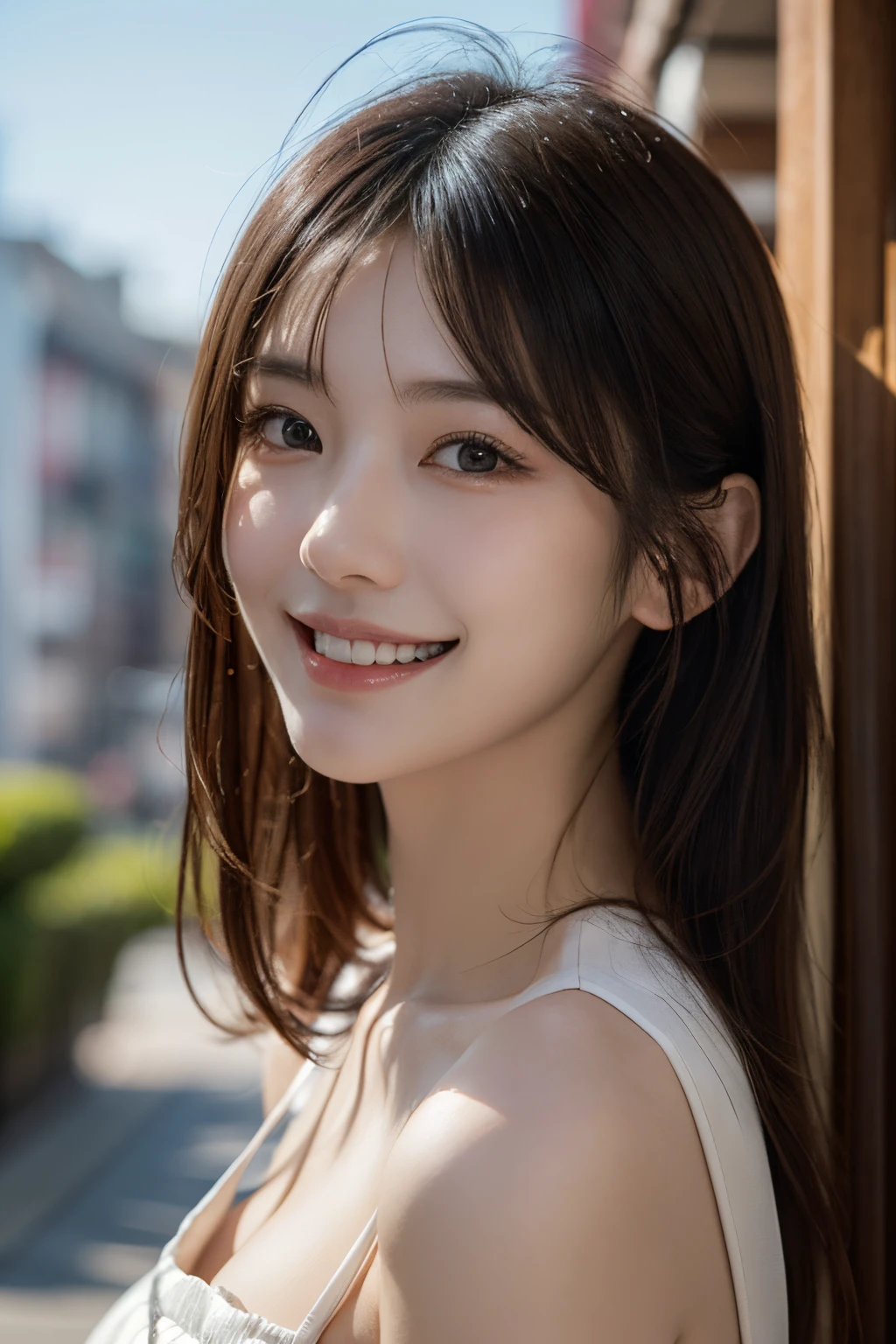 (A hyper-realistic) , (photographrealistic:1.4),(Increase the resolution), (8K), (ighly detailed), (beatiful detailed eyes), (best qualtiy), (ultra-detailliert), (masterpiece), (wall-paper), (详细的脸), 独奏,1 rapariga, perfect beautiful japanese woman:1.4、age19、looking at the viewers, delicate detail, A detailed face, murky, deep-shadows, hair messy, asymmetrical bangs, (A smile:1.5),