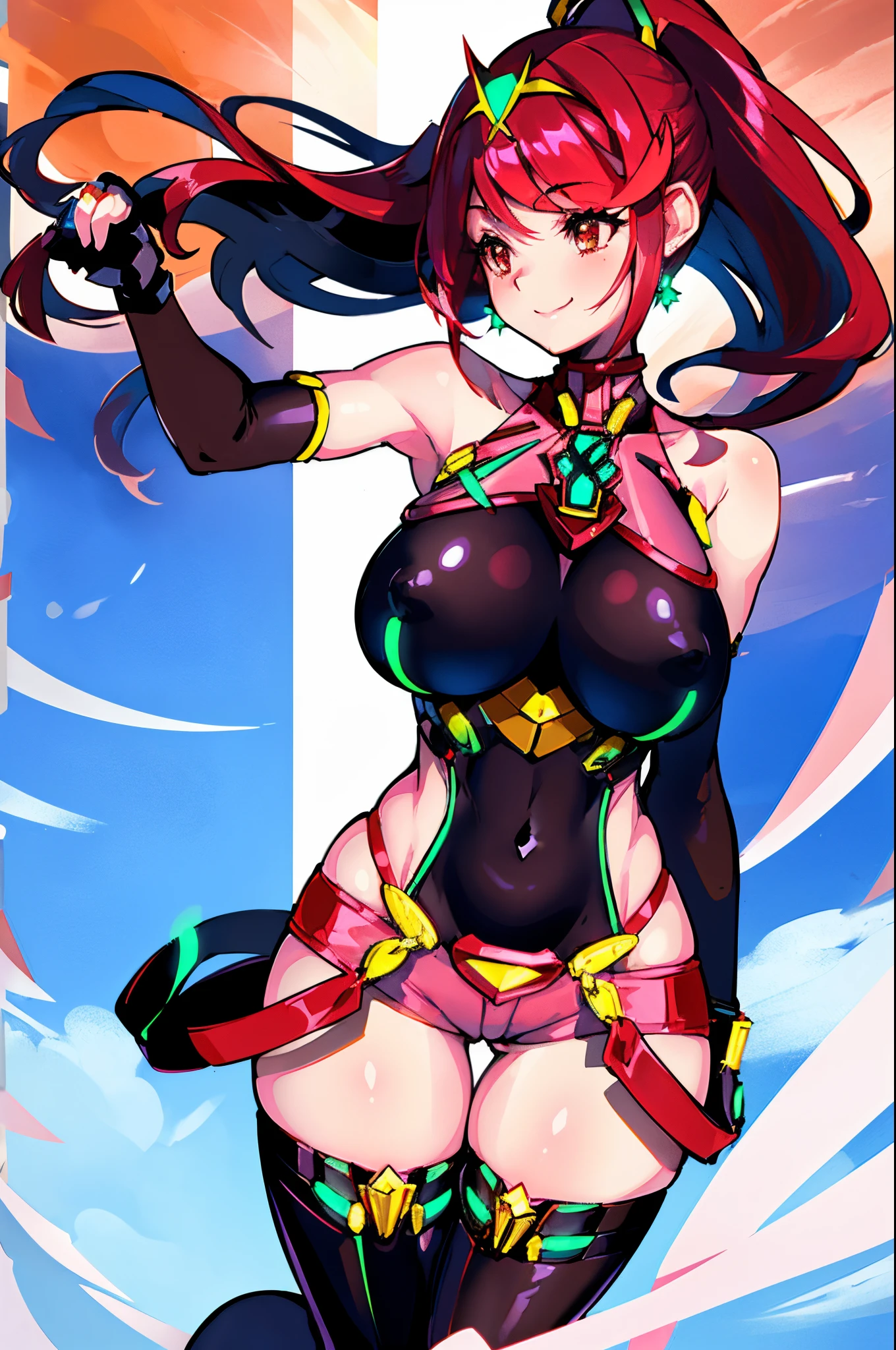 pyra \(xenoblade\), _1girl, lolings, black gloves, breasts, red eyes, shout, earrings, eyelashes, fingerless gloves, floating hair, , gem, gloves, hair ornament, headpiece, jewelry, gigantic_breasts, leaning back, swimsuit, neon trim, official art, pose, red hair, saitou masatsugu, short hair, sidelocks, skin tight, solo, swept bangs, thighhighs, tiara, fantasy_town_background, underbust, xenoblade chronicles \(series\), (xenoblade chronicles 2), (spread_legs:1.1), fire_effect,dynamic_pose,fighting,light_smile, (plump:1.1), big_ass,huge_sword, hold_large_sword_hilt, covered_nipples, covered_pussy, fists,ponytail,beautiful_fingers,(solo:1.1), bare_shoulder,(shoulder_naked:1.2), nipple_jewel,back, back_view, focus_ass,ass, (very_short_shorts:1.3),(lise_leg:1.4)