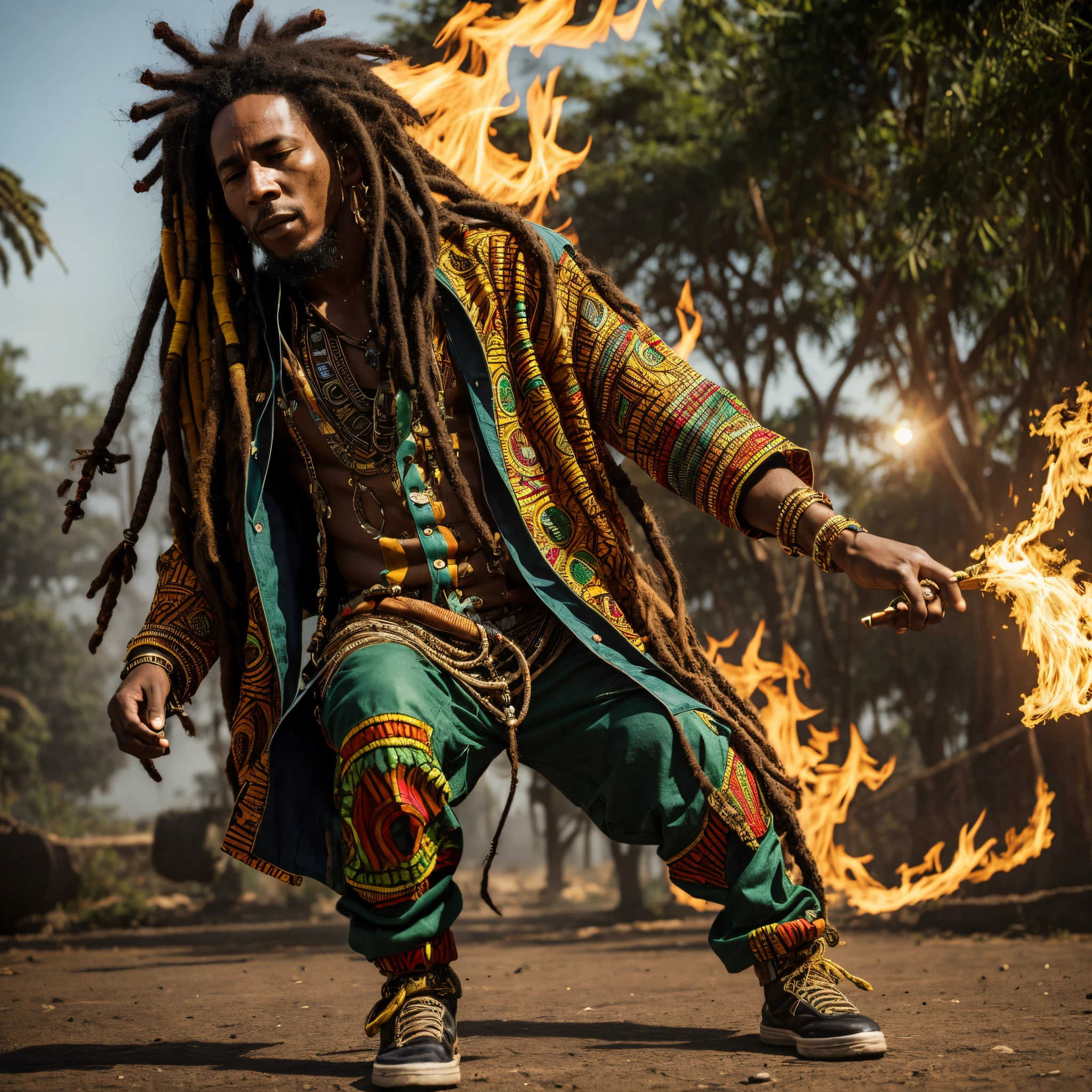 Solo 1 man, Realistic Bob Marley dressed as an hip hop African god with the 5 elements flying around him, close shot, long dreadlocks, african hip hop clothes, cyber punk african jacket fire earth water and air, afrofuturism, plants, reggae music, Water on the ground