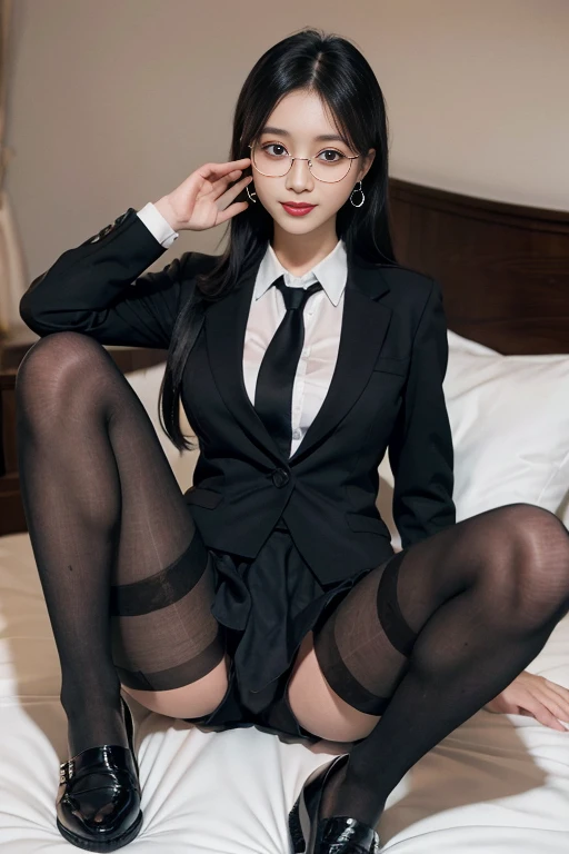 8K RAW photo, high resolution, ful body,  cool Korean, big round breasts, school uniform, tie, tie ribbon, blazer, skirt, beautiful eyes in detail, long eyelashes, beautiful double eyelids, eye shadow, slit eyes, sanpaku eyes, dark eye makeup, smile, open mouch, beautiful thin legs, ((black pantyhose)), black hair, long twintails hair, round, earrings, bed, geek glasses, lying, condom on bed, show panties, spread legs, black panties, dark brown leather school shoes, legs, feets,