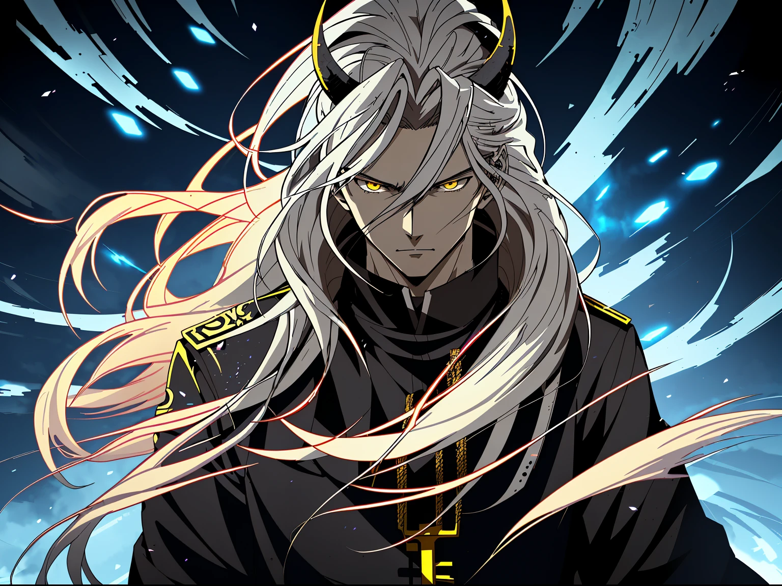 White long-haired anime character, yellow eyes before lightning,white clothes, Detailed key animation art, Key anime art, Detailed anime character art, shadow poetry style, handsome guy in demon killer art, full art, Very detailed official artwork, anime art style, offcial art, detailed anime art,