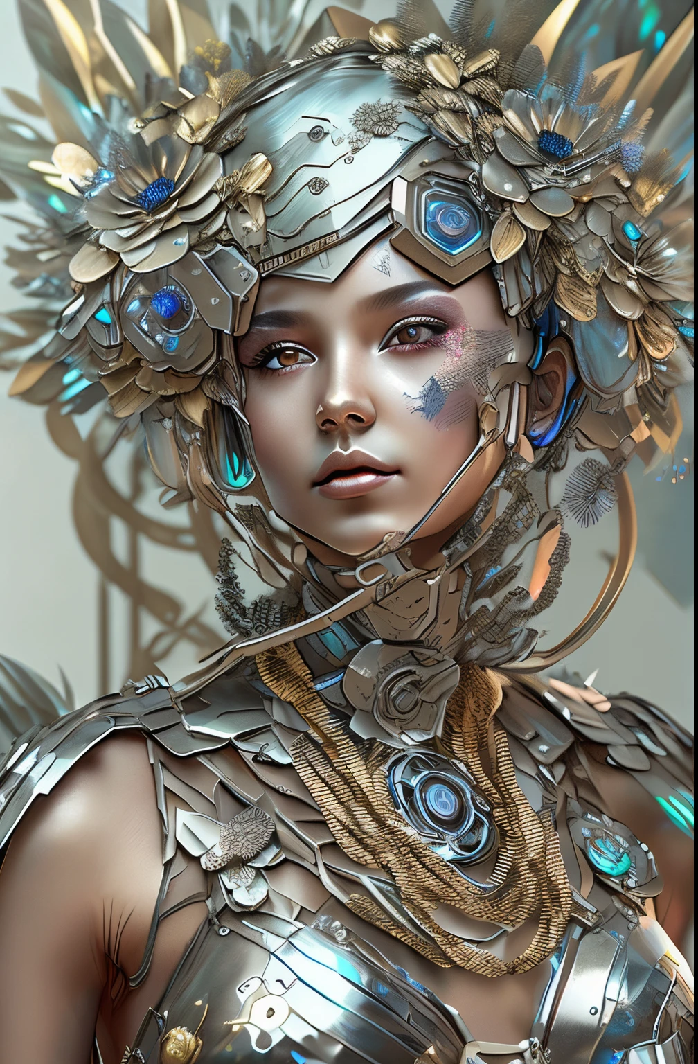 Girl decorated with metal flowers，cyber punk personage，A futuristic，metallic  luster，metalictexture，bend metal，Fe，stainless steel，platinum，silver and gold medals，