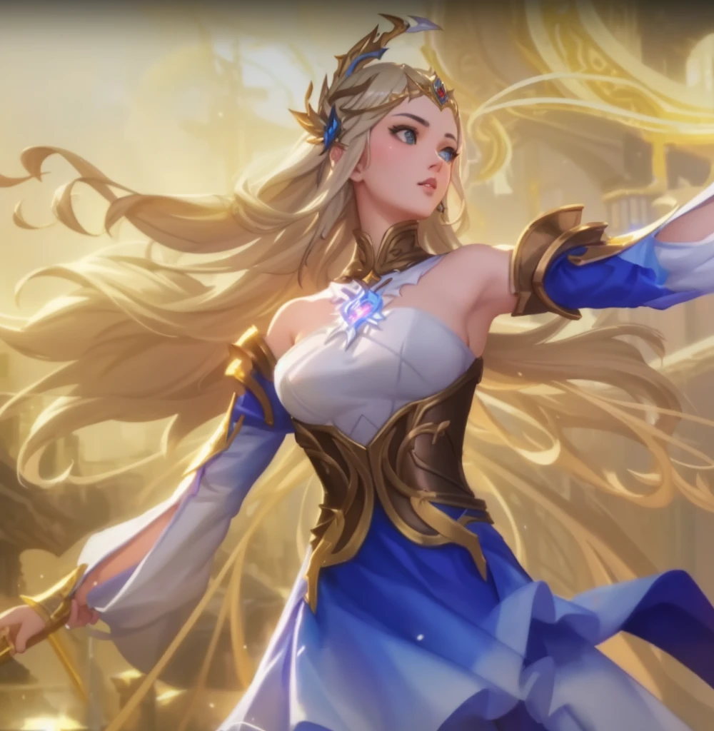uma mulher com longos cabelos loiros e um vestido azul segurando uma espada, Lux de League of Legends, Modelo IG | Artgerm, Artgerm detalhado, Cavaleiro elfo sedutor da princesa, estilo Artgerm, Artgerm extremamente detalhado, Artgerm Plano, Ruan Jia e Artgerm, estilo de Artgerm, estilo Artgerm