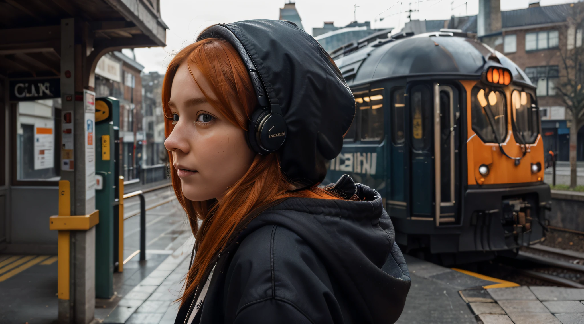 (Masterpieces, sidelighting, Ultra-detailed, finely detailed beautiful eyes), A girl with, bags, Buildings, from the side, headphones, hood, hood down, Hooded Jacket, Hoodies, blazer, long hair, Orange hair, profile, red hairs, Solo, Train, Train arrival sad expression, Upper body body, masterpiece, Best quality at best