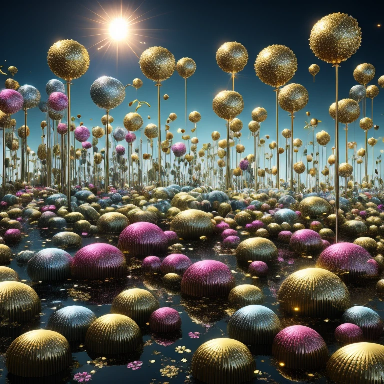 metallic texture, (surreal art:1.3), multiple metallic flowers