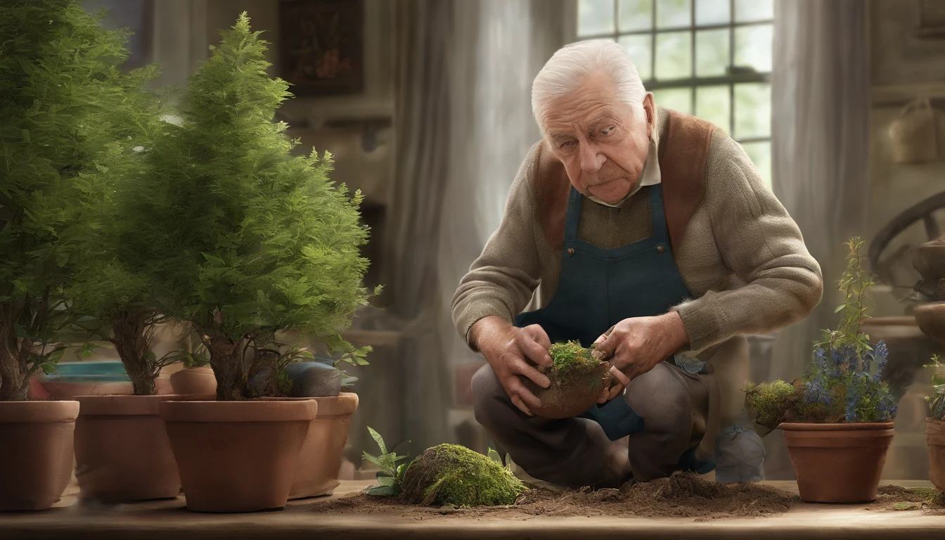 An artist's depiction of a grandfather and his grandson planting a small tree in a pot,Close-up of grandfather and grandson's hands holding newly purchased plants from the nursery.