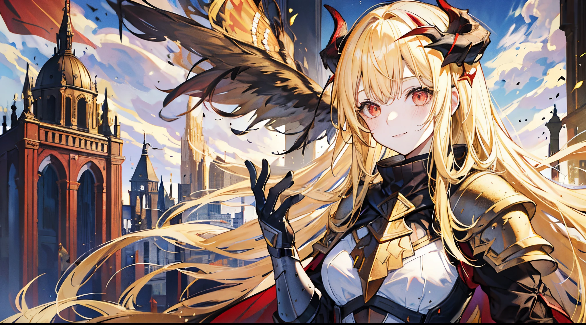 a golden girl,Long blonde hair,red color eyes,Worn knight armor,sable,soot,bloods,Hold the light in your hands,Raise the flag,ssmile,Empty dream,Bubble,White wings,Black horns,