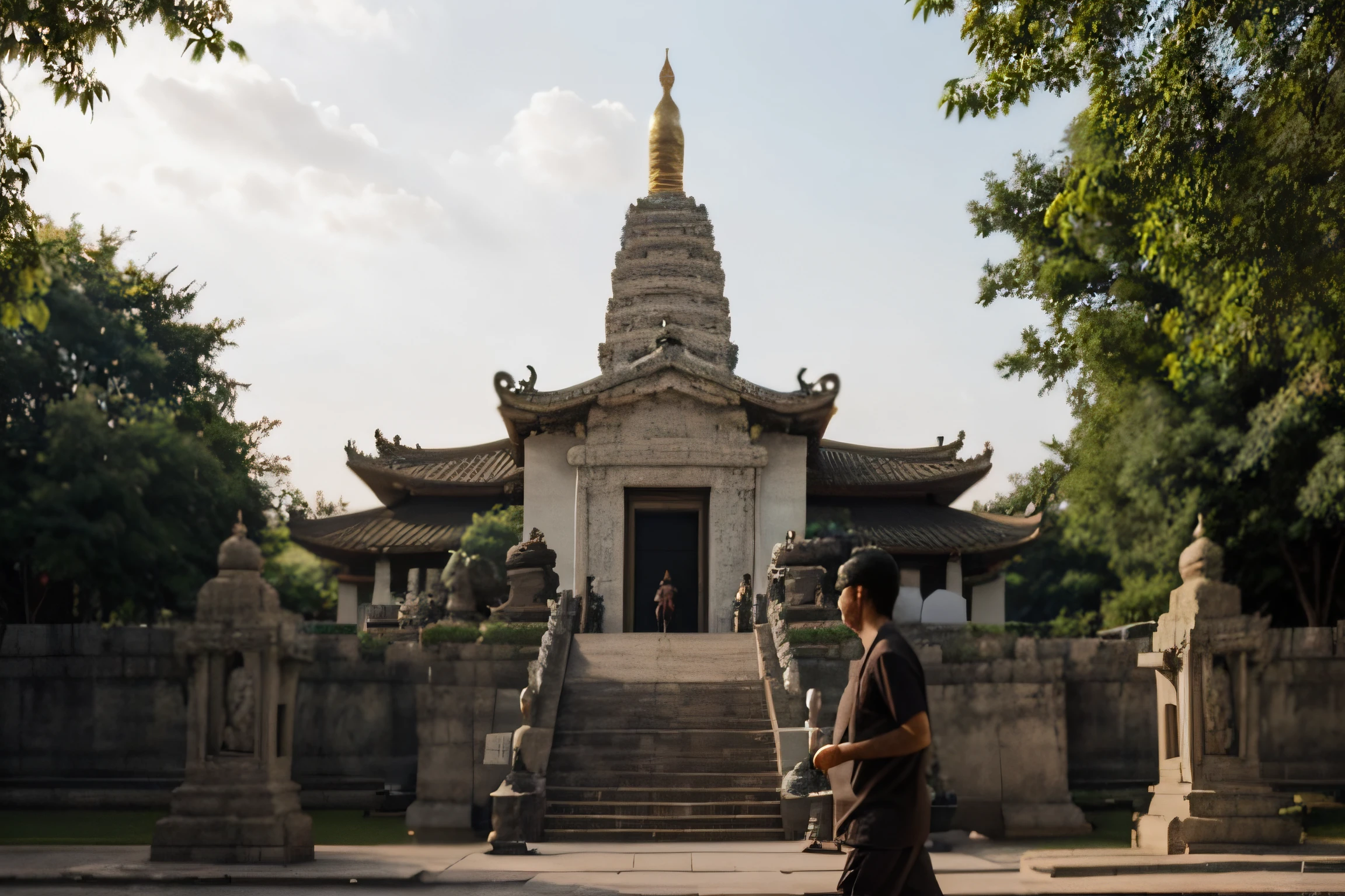 A man slowly walked into the temple，Want to see Buddha。