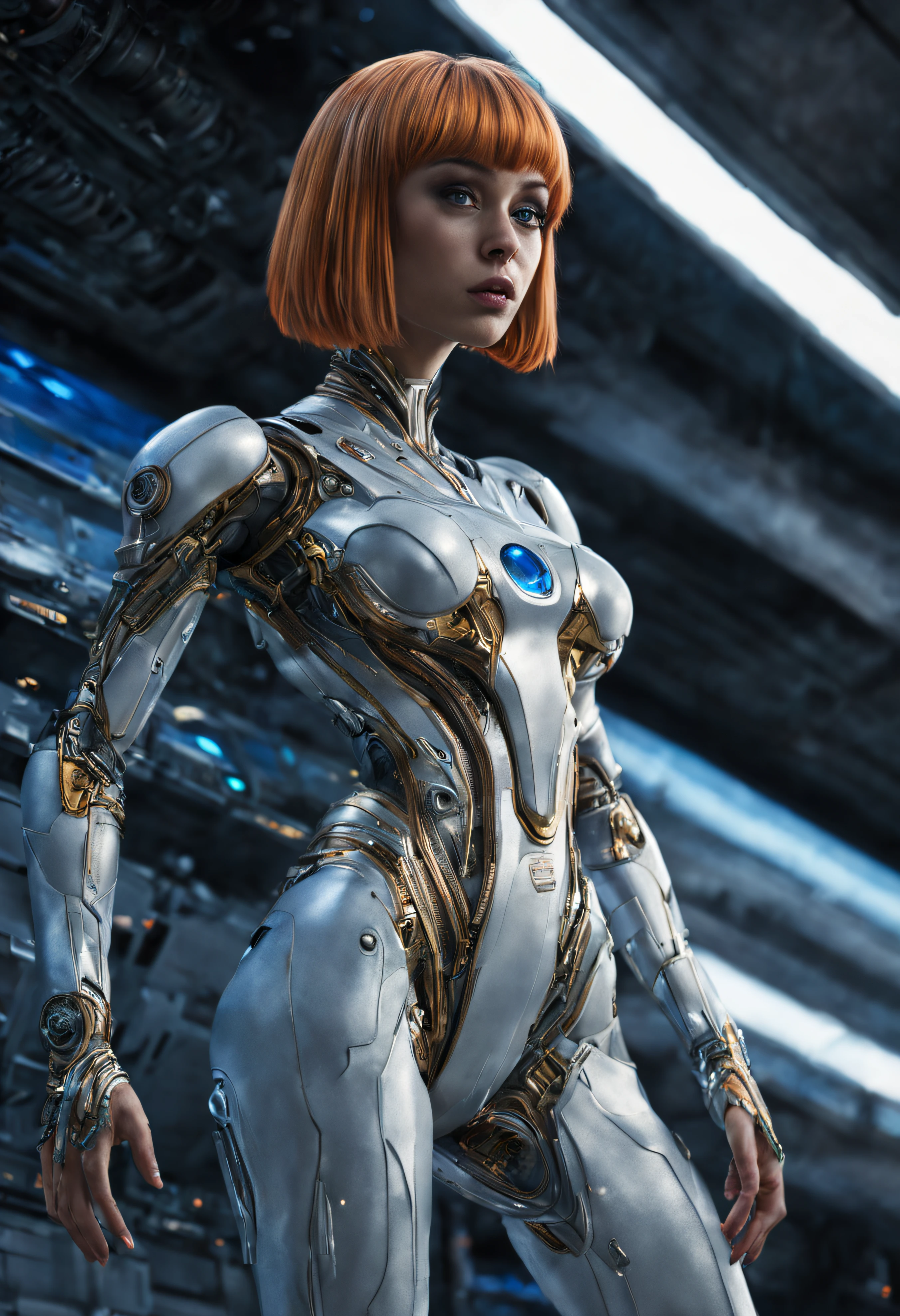 (cuerpo completo), extraterrestrial alien female similar to leeloo princess of the people of the planet mül from the film Valerian and the city of a thousand planets , cuerpo atletico y exuberante, pelirroja, ojos verdosos, vestida de traje de noche corto, engarzado con oro refulgente, priedras preciosas de colores y diamantes, ((se encuentra en centro de control de estacion espacial)), detalles intrincados de la maquina de alta calidad), estilo cinematografico, nitidez absoluta, imagen 8k.(obra maestra).fondos de pantalla, ultra detallado.