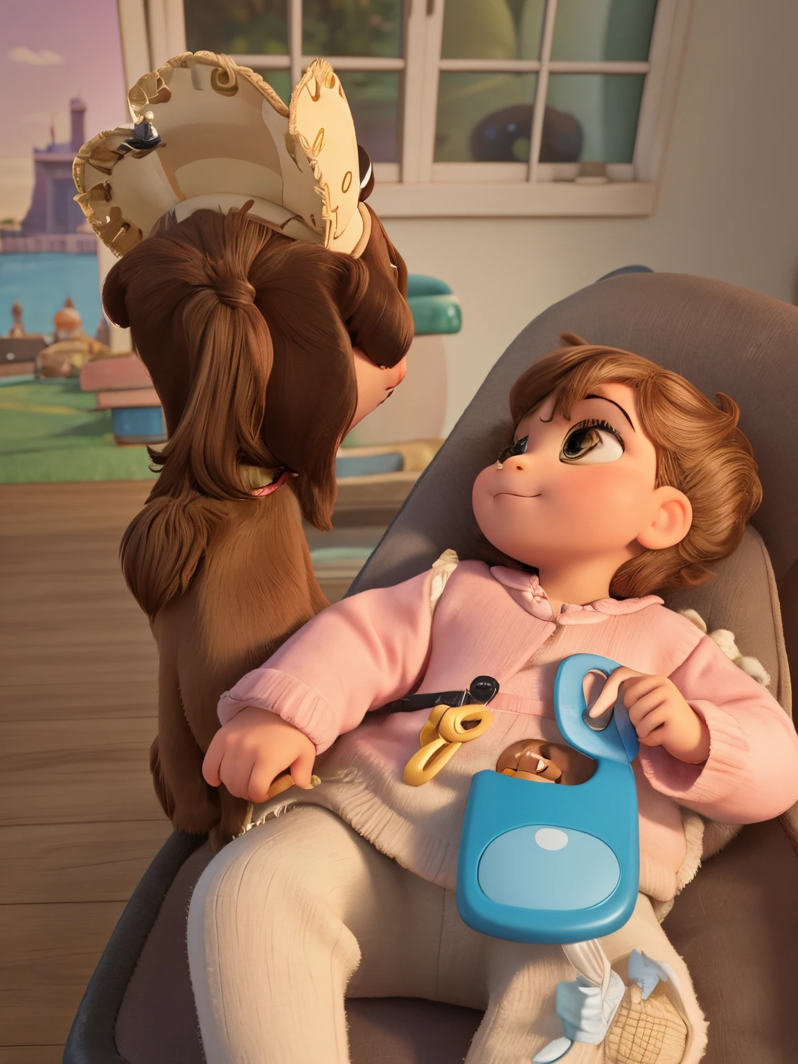Create a Disney Pixar style poster with a baby looking back at a brown spaniel