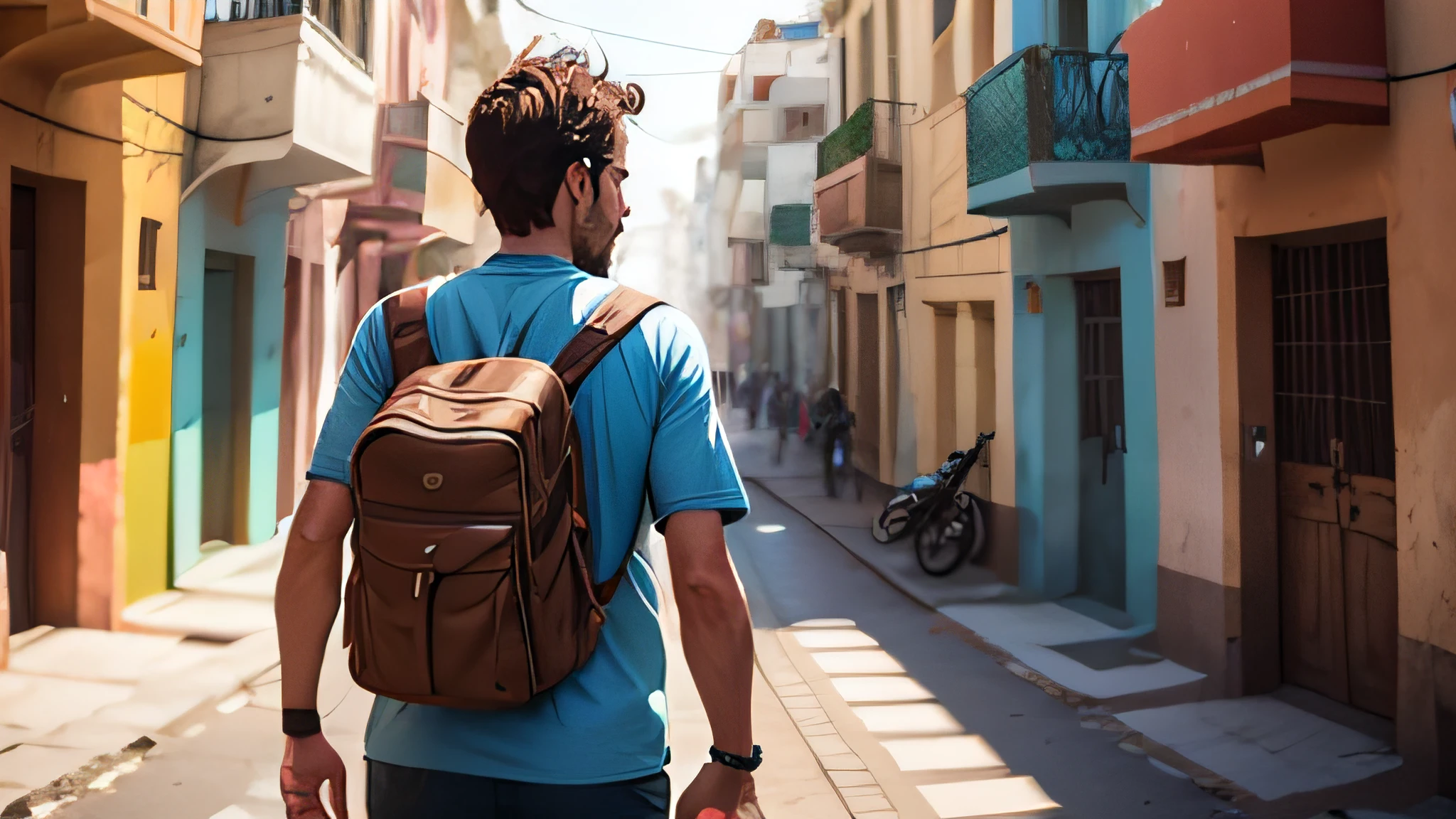 A man, a 30-year-old European backpacker with short, brown hair, is portrayed in a wide medium wide shot. The camera captures him from behind, with his head turned towards the camera. He is walking through the city of Mogadishu, Somalia. Being a backpacker, the man is dressed in casual and practical clothing suitable for his adventurous journey.