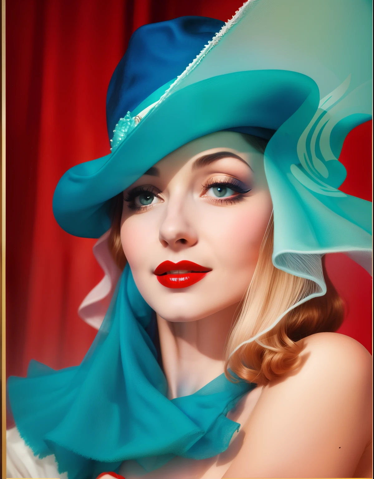 painting of a woman with a blue hat and red lips, Directed by: Albert Kotin, Directed by: Hugo Scheiber, Directed by: Alberto Vargas, no estilo de cecil beaton, Directed by: Hans Hinterreiter, illustration art, Directed by: István Réti, inspirado em Alberto Vargas, Directed by: Kurt Seligmann, Directed by: Oskar Lüthy, Directed by: Albert Dorne