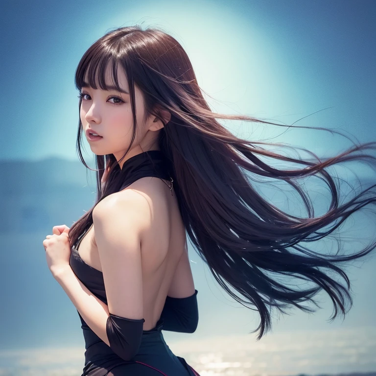 1girl in, 21years old, gradient, gradient_Background, up looking_で_viewer, Nero_hair, Solo by JM、Yoshiko Akishino