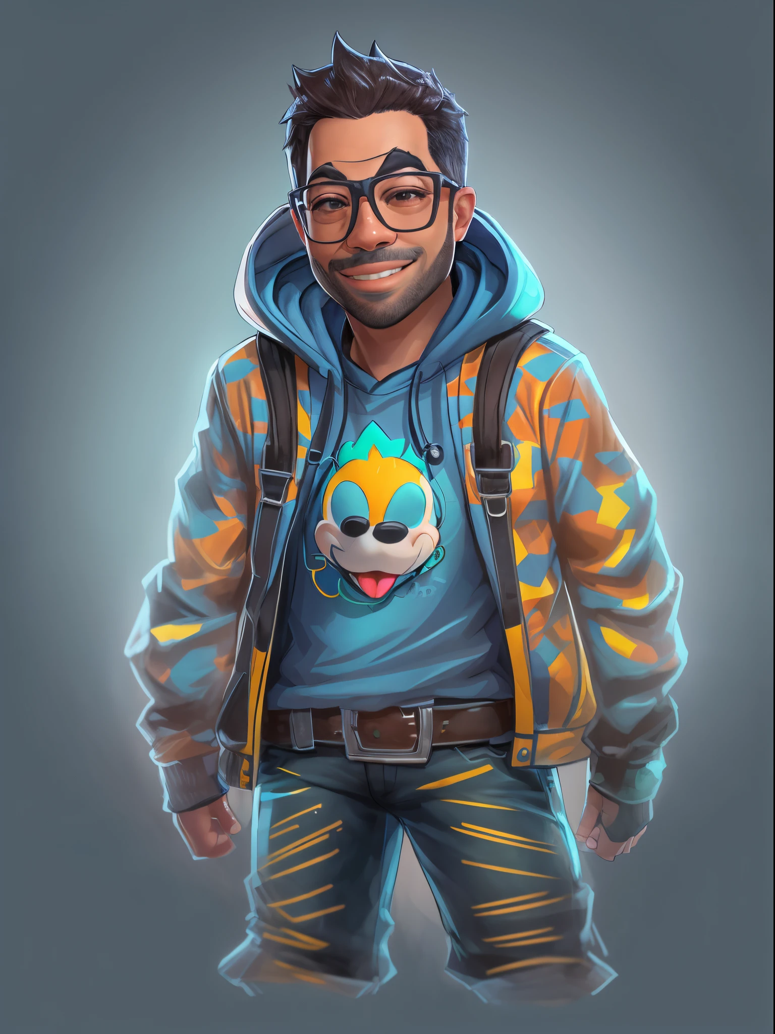 ((PivaArts)) Create a high-quality 2D Pixar Disney cartoon portrait of a 1man wearing glasses and a hoodie, showing a cheerful smile. This portrait is intended for use as an NFT, an avatar image, a Discord profile photo, and a character concept portrait for the Twitch streamer and gamer known as PivaArts. The completed portrait should be detailed and capture the personality and style of PivaArts, Becoming a Statement Piece. The focus is on a character headshot portrait fit for a Twitch streamer.