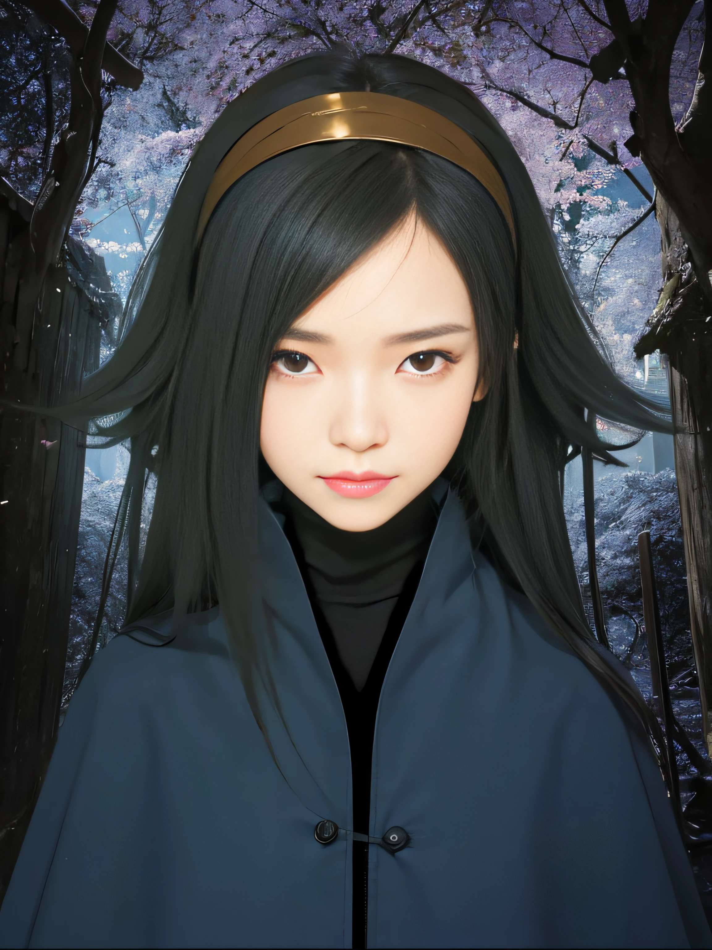 masterpiece, best quality, (realistic, photo-realistic:1.4), (RAW photo:1.2), extremely detailed CG unity 8k wallpaper, delicate and beautiful, amazing, finely detail, official art, absurdres, incredibly absurdres, huge filesize, ultra-detailed, extremely detailed, extremely detailed girl, extremely detailed eyes and face, light on face,,little smile,black hair,(black eyes:1.3),long hair,plastic hairband,wearing dark blue cloak,black turtleneck