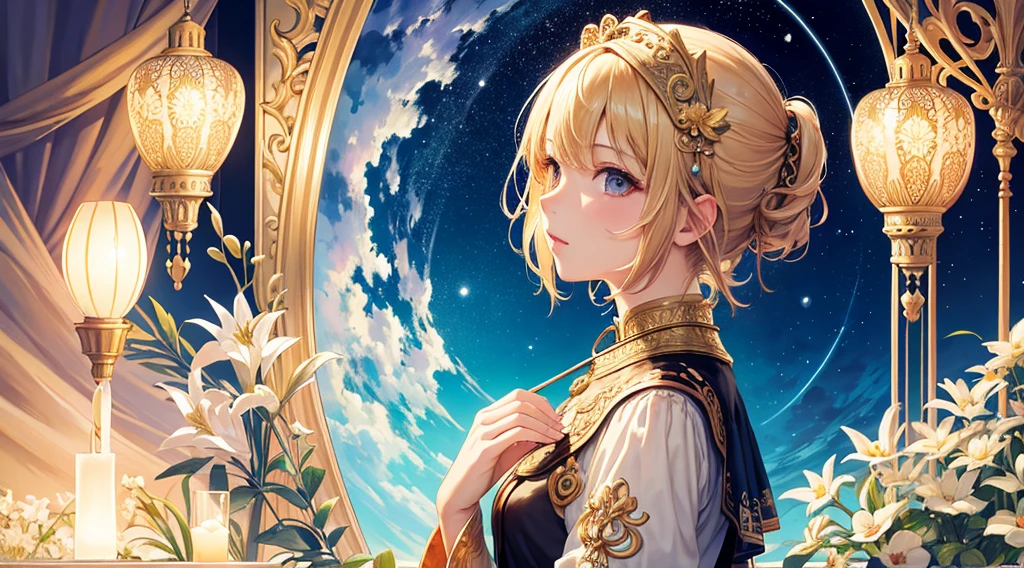 masterpiece、top-quality、top-quality、Official Art、Beautifully Aesthetic、girl with、ighly detailed、Fractal Art:1.3、colourfull、highestdetailed、the golden ratio、cute little、short-hair、The whole picture、partially hidden、Beautiful profile