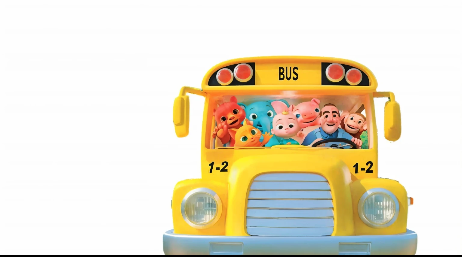 Close-up of a yellow school bus and a group of animals, bus, public bus, Propaganda art, bus, yellow school bus, busytown, Made by Pixar, by disney, square shapes, john park, pixar cartoon style, Busier, by Ni Yuanlu, shoun, piggy, toy advertising photos, Official artwork, close up photograph, trending photo, The Car