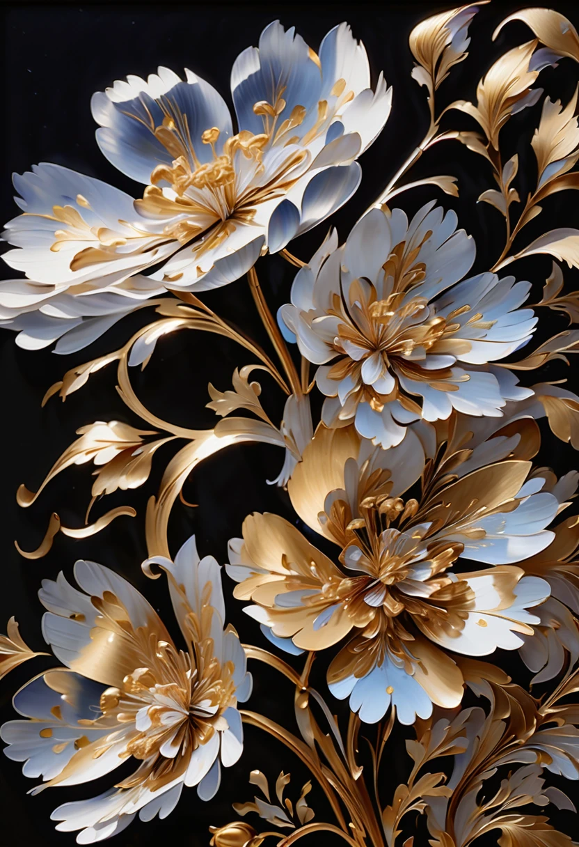 Delicate metallic flowers sparkle in dappled sunlight, Like metallic flowers sparkling in the sun, Each petal is delicately and meticulously processed，And presented using exquisite gouache painting techniques, Every stroke captures its beauty and power, (((Complicated details:1.4))), (((Extremely crazy details:1.4))), (((high high quality:1.3))), ultimate artistic level, (((high high quality:1.3))), (((Radiosity presented in stunning 32k resolution beauty:1.3))),