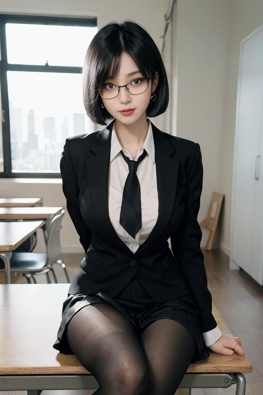 (photogenic, 8k, RAW photo, best quality, masterpiece:1.2), Blazer school uniform, mini skirt, short hair, spreading on the floor, black pants visible through spread legs, pointing, beautiful face, black underwear, shiny thighs, pure white skin, Japan, school girl, (blazer,white shirt,tie)realistic,(round glasses),laying on your back,on the floor,large breast:1.2,