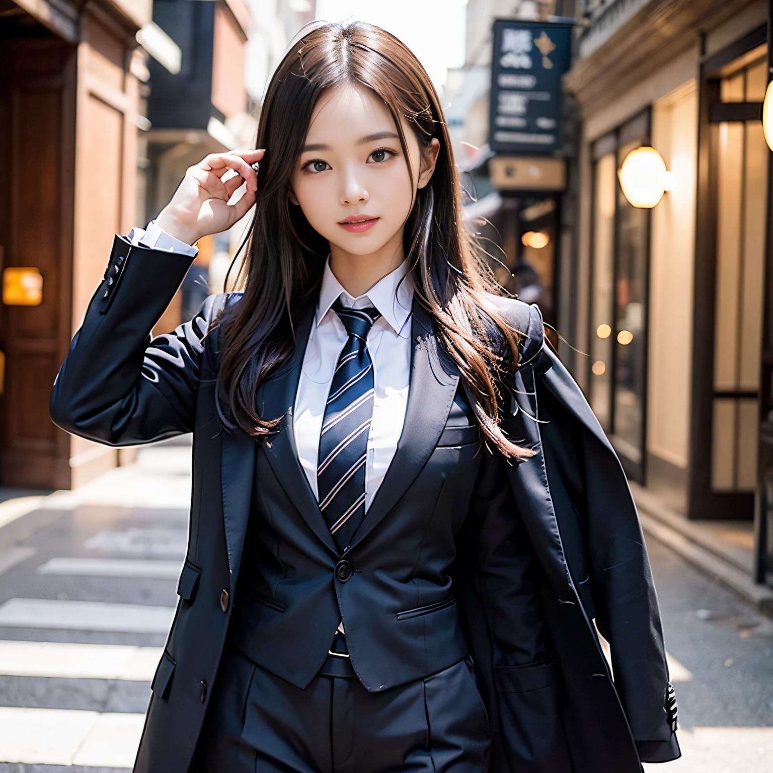 (masutepiece, Best Quality:1.2), 8K, Official art, Full body photo, full body Esbian、Fashionable background、luxurious backdrop、Emma fastening her tie.trouser、Cute smile、cute face、Suits、A dark-haired、14years、small tits、A delightful、A smile、unbelievable Ridiculous, (Upper body, Gray suit:Cute Tie 1.4), Beautiful Girl, Pretty Face, arching back down, cute butt、Gold hair ornament on hair、Wearing a cute suit、close up, Wearing a suit, Short sleeve, gardenia, violaceaess, ,, Looking at Viewer, Film grain, chromatic abberation, Sharp Focus, face lights, Dynamic lighting, Cinematic lighting, Eyes and faces with detailed, Bokeh background, (Tie with Emma written on it、1 copy:1.2)