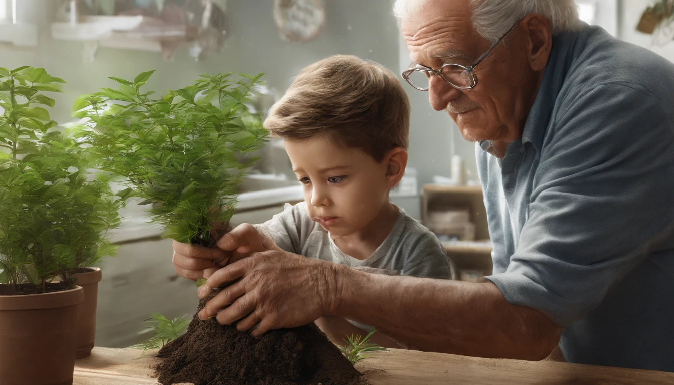 An artistic rendering for a tiktok channel of a grandfather and his grandson planting a small tree in a pot,Close-up of grandfather and grandson's hands holding newly purchased plants from the nursery.
