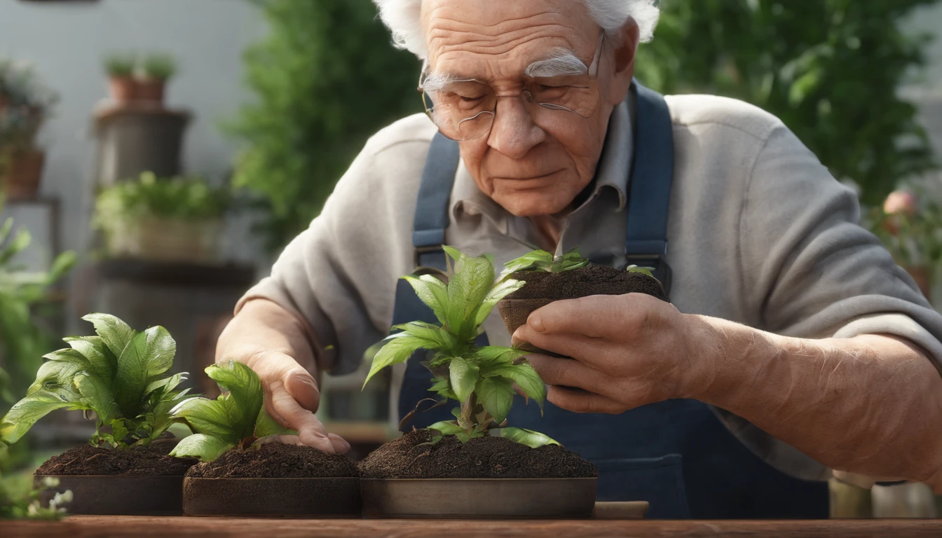 An artistic rendering for a tiktok channel of a grandfather and his grandson planting a small tree in a pot,Close-up of grandfather and grandson&#39;s hands holding newly purchased plants from the nursery.