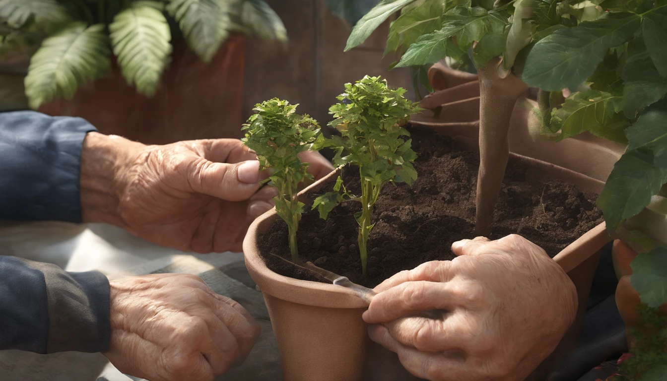 An artistic rendering for a tiktok channel of a grandfather and his grandson planting a small tree in a pot,Close-up of grandfather and grandson's hands holding newly purchased plants from the nursery.