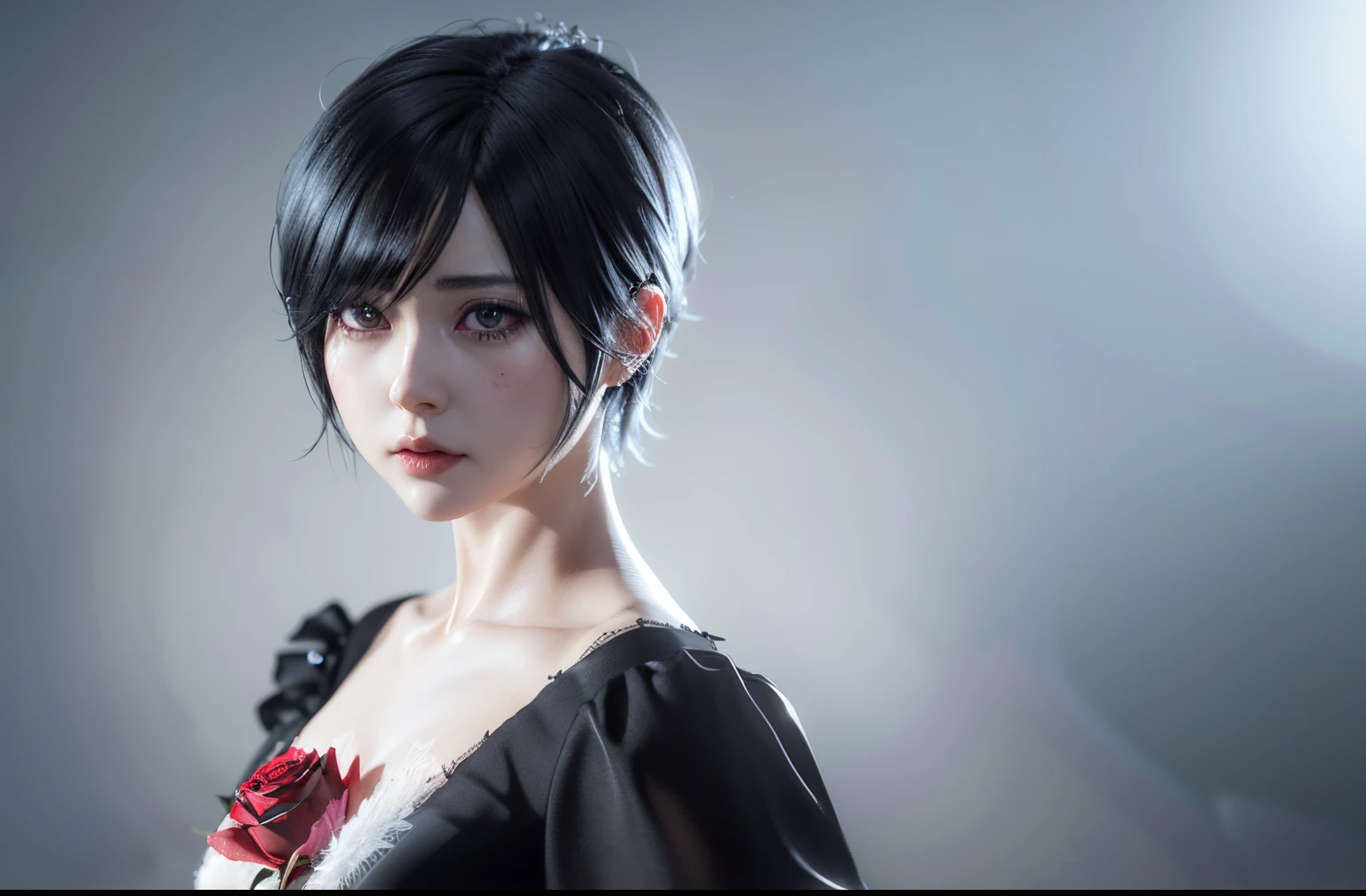 there is a woman with a black dress and a red rose on her neck, photorealistic anime girl render, sui ishida with black hair, with short hair, hyper realistic anime, 2b, 8k portrait render, 2 b, anime. soft lighting, soft portrait shot 8 k, 3 d anime realistic, sakimichan hdri, photorealistic anime