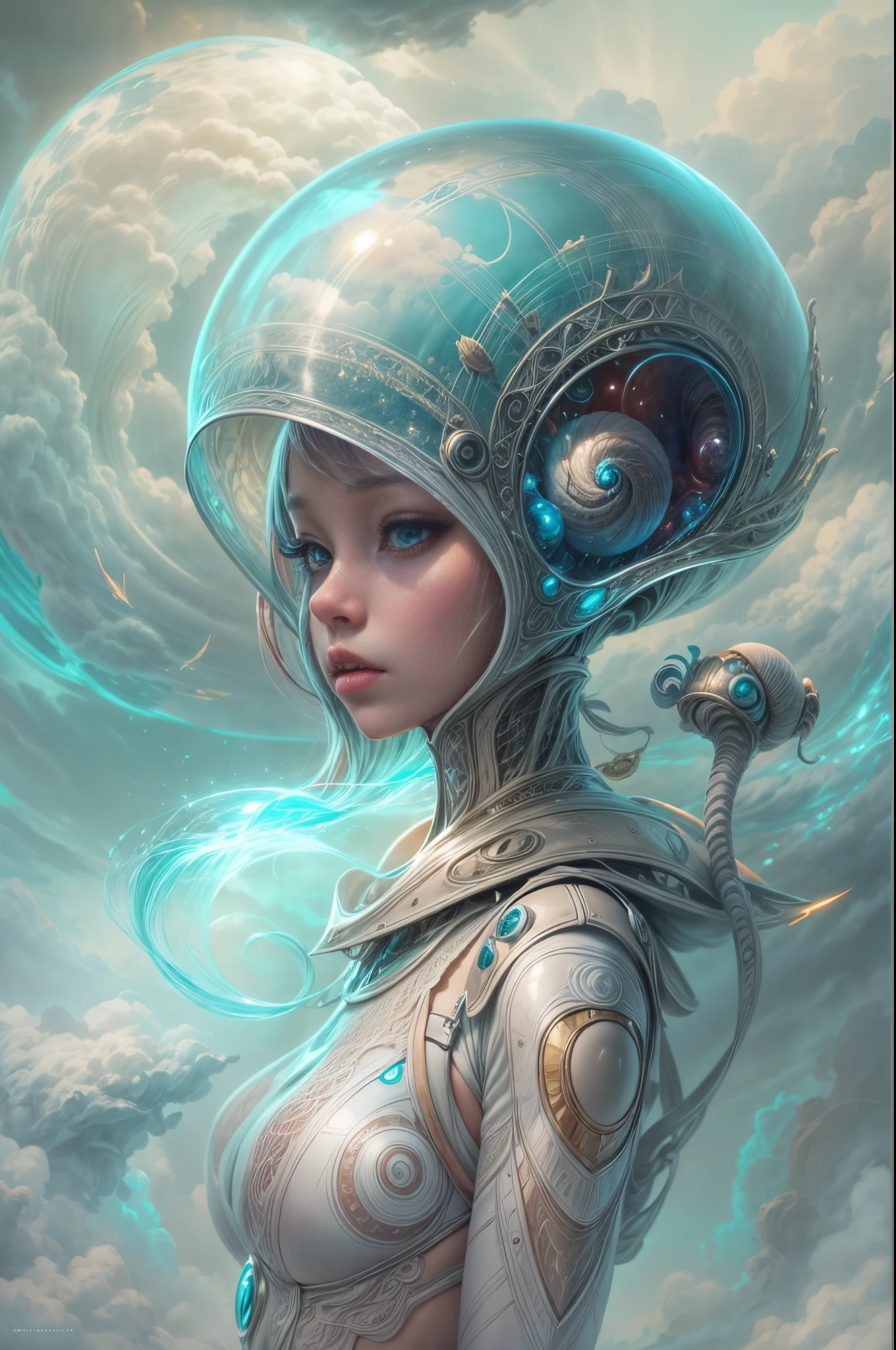 "Alien girl in a futuristic helmet, ethereal snail companion, mystic aura, otherworldly clouds, dreamlike"