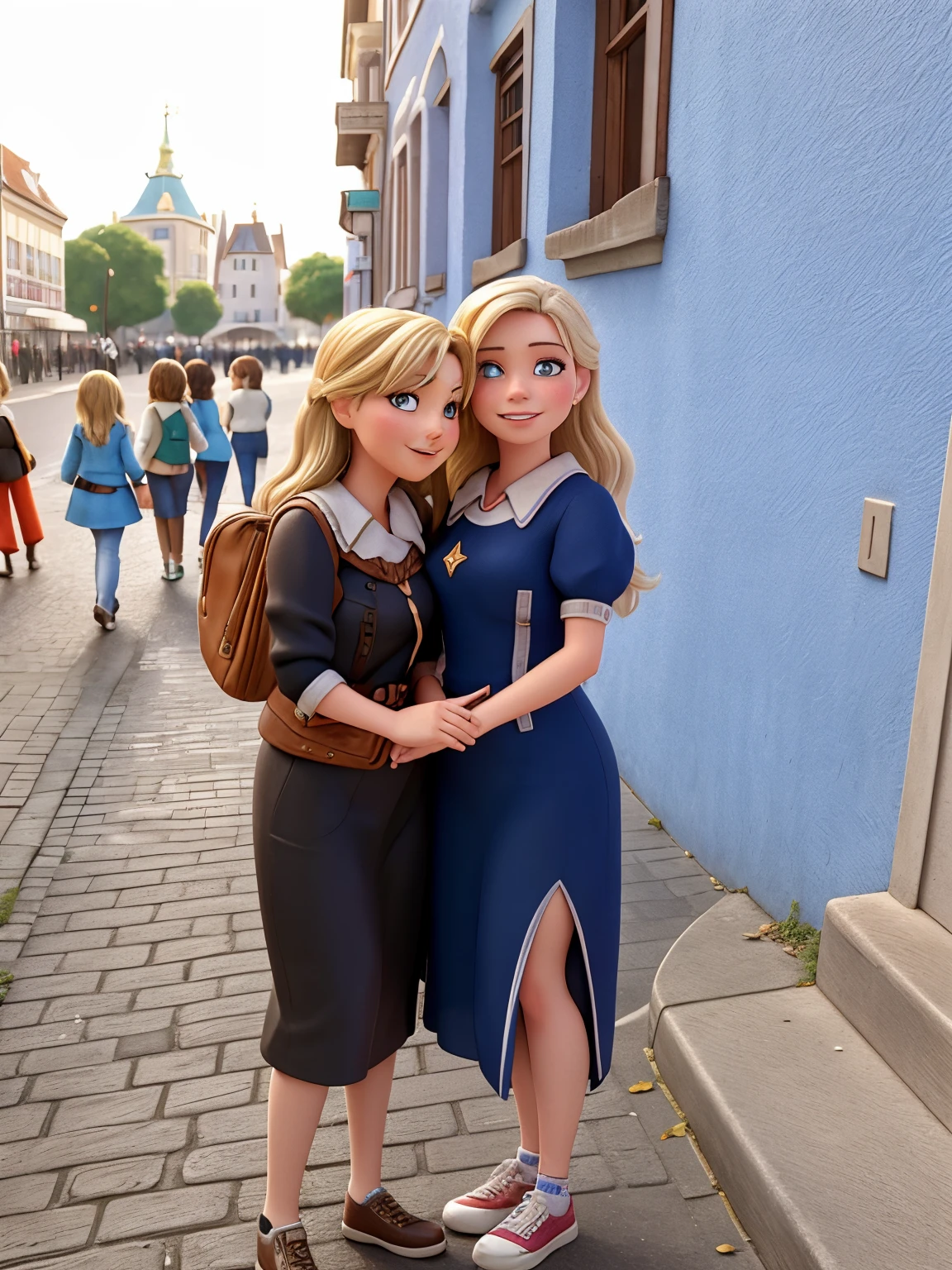 Two women stand on a sidewalk in front of a building, Two beautiful women in love, two girls, frau, Who holds another woman, Sehr, very poor image quality, on the street, Zwei Frauen, von Niko Henrichon, one blonde and one brunette, in the city street, Foto aufgenommen in 2 0 2 0, in der Stadt, Scandy und Arender disney pixar figuren