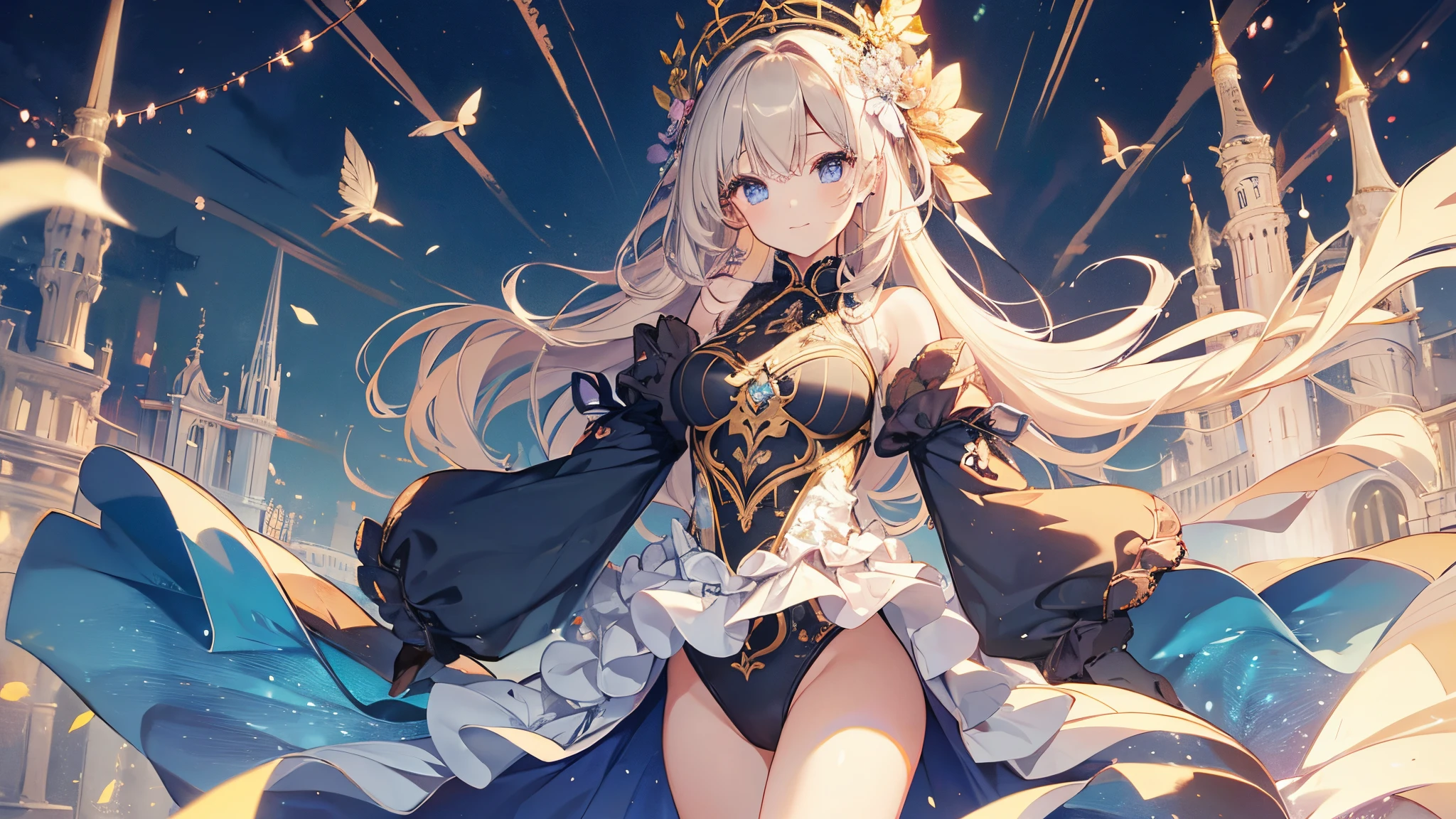 ((2D Beautiful Girl、top-quality、perfect fingertips 1.1、Perfect Anatomy 1.1、Perfect outfit、Beautiful illustration))、extremely delicate and beautiful、Long straight hair、Soio、beatiful detailed eyes、Aristocratic clothing、(((Leotard costume))))、Princess、、a smile、(Royal Gardens)、年轻、、Full body depiction、full-shot、