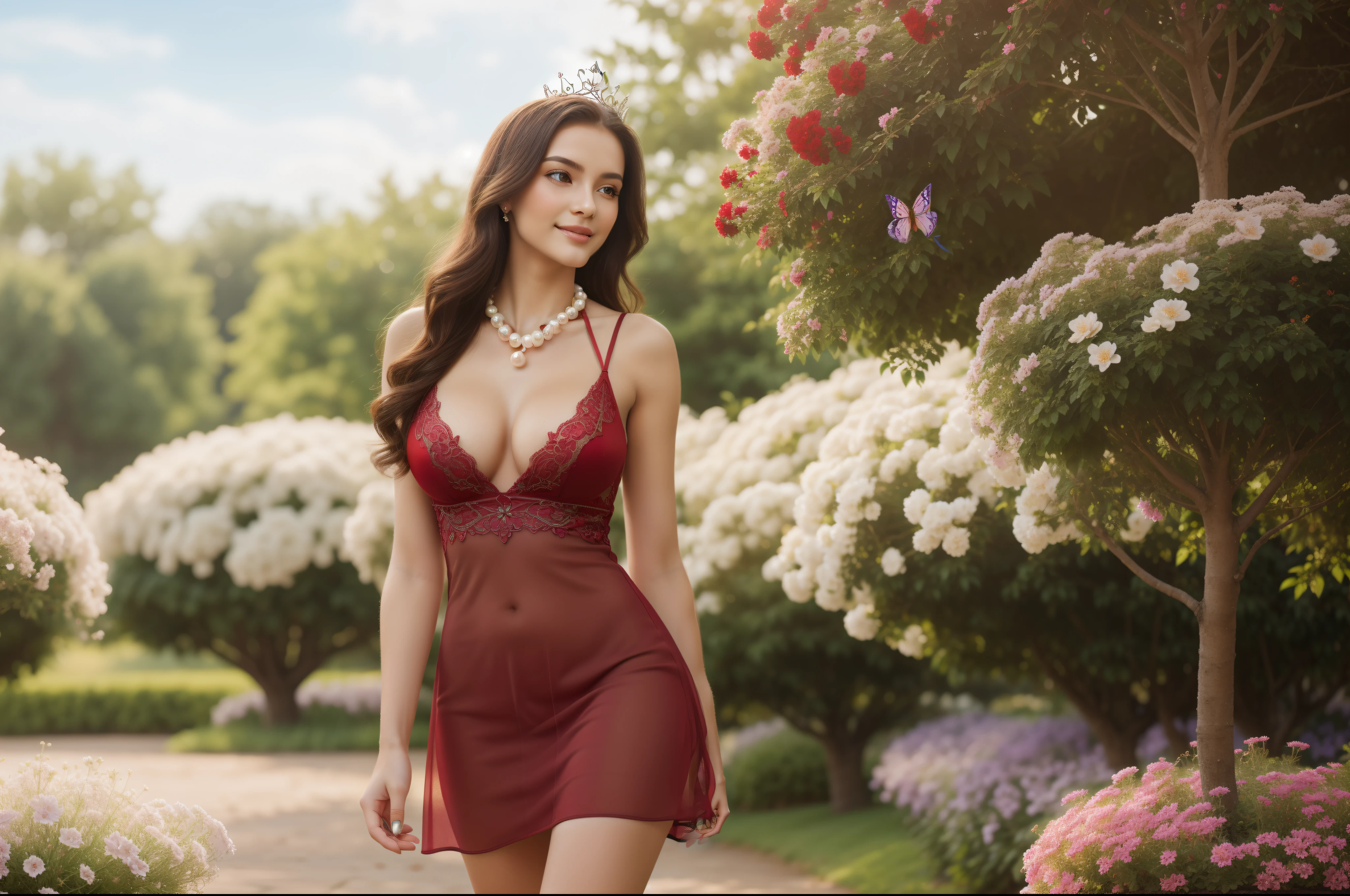 (best quality,4k,8k,highres,masterpiece:1.2),ultra-detailed,(realistic,photorealistic,photo-realistic:1.37),queen walking in flower garden,oil painting,((full-body view:1.4)), (((1girl))),(((solo))),(((a girl alone))),(18years old),[the face is combination of (((irene1:1.2))) and (((Excella_er5:1.2)))],(sharp focus:1.5),beautiful detailed eyes,beautiful detailed lips,extremely detailed eyes and face,long eyelashes,gorgeous girl,feminine charm,pearl skin,(skin pores:1.1),extremely detailed face and skin texture,(skin texture:1.1),black hair,soft and smooth hair,tall and slender body,(192cm tall),thin and delicate figure,graceful posture,strong and defined muscles,flawless skin,defined abs,perfect curves,feminine appearance,beautiful long legs,embodying elegance and beauty,happy expression,full-smile,seductive eyes and sensual lips,large breasts,cleavage breasts,((wearing a ((red)) low-neck dress:1.3)),(no panty:1.3),(ultra-short skirt:1.3),((see through dress:1.2)),Queen's Crown,royal attire,regal crown,graceful posture,serene expression,colorful blooming flowers,fluttering butterflies,dappled sunlight,fresh morning dew,fragrant floral aroma,vibrant colors,romantic atmosphere,soft pastel color palette,subtle warm lighting