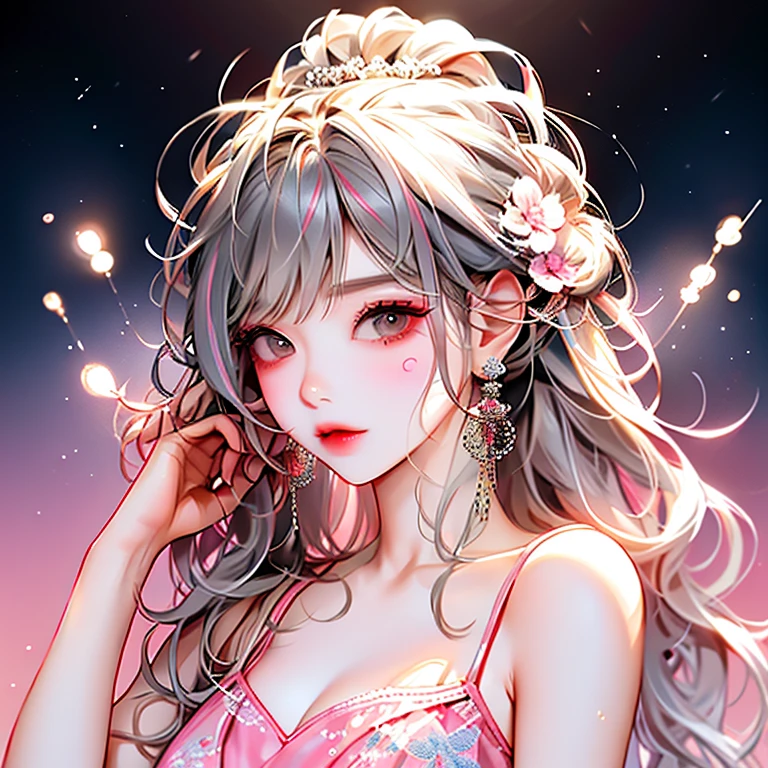 vivid 22eyes, Solo, Star \(symbol\), heart mark, a sticker, messy braid bun hair, half Updo hair, Looking at Viewer, Hair Ornament, Pastel colors hair, sticker on face, Jewelry, makeup, grey eyes, Lips, Wavy Hair, earrings, facial mark, Upper body, Portrait, Bangs, hair clips, Hand up, 鎖骨, Spaghetti strap, Pink background, food, frilld, Camisole, Red lips,