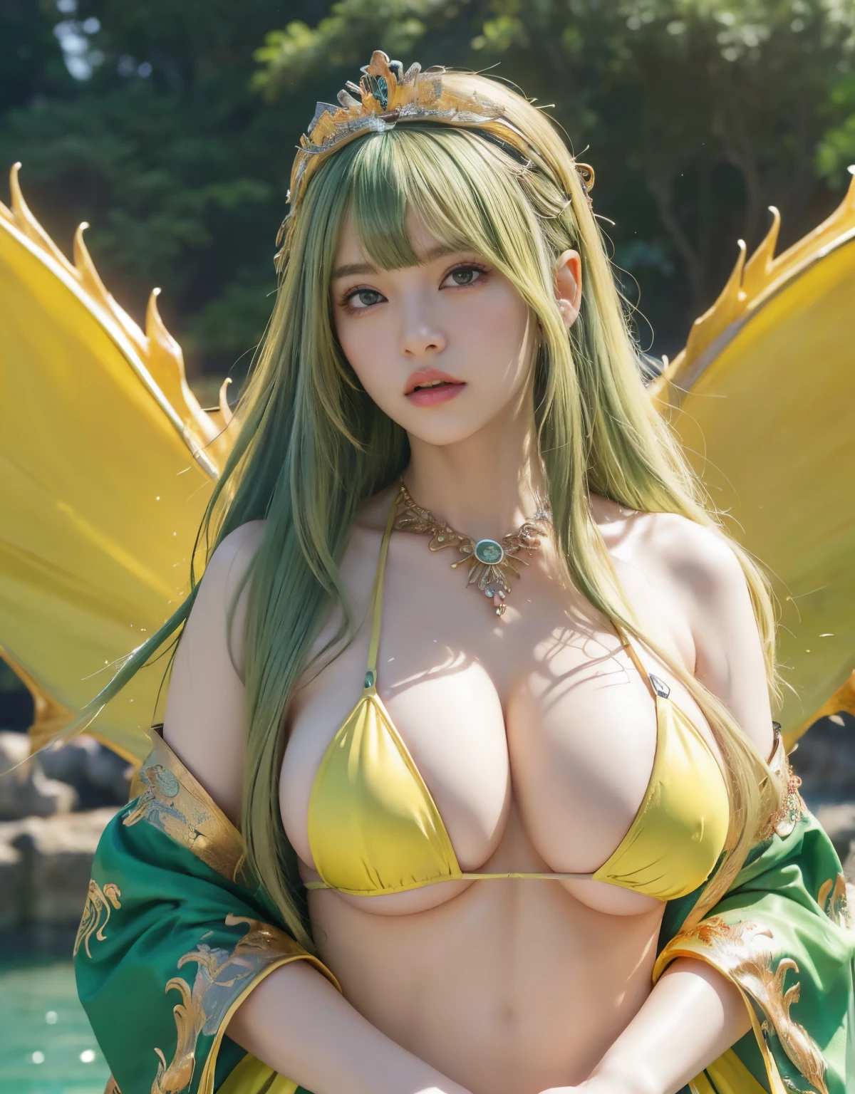 (heavy breasts)、top-quality、masterpiece、超A high resolution、(((Chinese dragon background))),(White Ragon Armor)、(((Colossal tits))),dragon armor、(((Detailed Micro Bikini))),(Wearing a beautiful crown made of jewels),(Photorealsitic:1.4)、Raw photo、1人、(((Random hair))、(((Take different poses)))、glowy skin、(((Yellow-green hair)))、Intricate and ornate hair ornaments、(Gorgeous Jewelry Necklaces)、(Mystical expression)、(Full Body Angle)、(Metal bikini)、((beautiful lake background)),(Chinese dragon background)、(Precipitous cliffs)、((super realistic details))、portlate、globalillumination、(sexypose)、Shadow、octan render、8K、ultrasharp、Colossal tits、Raw skin is exposed in cleavage、metals、Details of complex ornaments、Japan details、highly intricate detail、Realistic light、CGSoation Trends、Blue eyes、Glowing eyes、Facing the camera、Toostock、(Full Body Angle)、(veils)、(((Heavy Big))),Eyes glow、((Detailed Micro Bikini))、