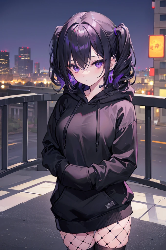 (8K、Top image quality、top-quality、masterpiece)、1 girl in、black short hair twin tails、waved hair、(hair over one eye)、Purple eyes、piercings、expressionless、Moderately breasts、((black hoodie))、((fishnet stockings))、cowboy shot、Downtown background at night