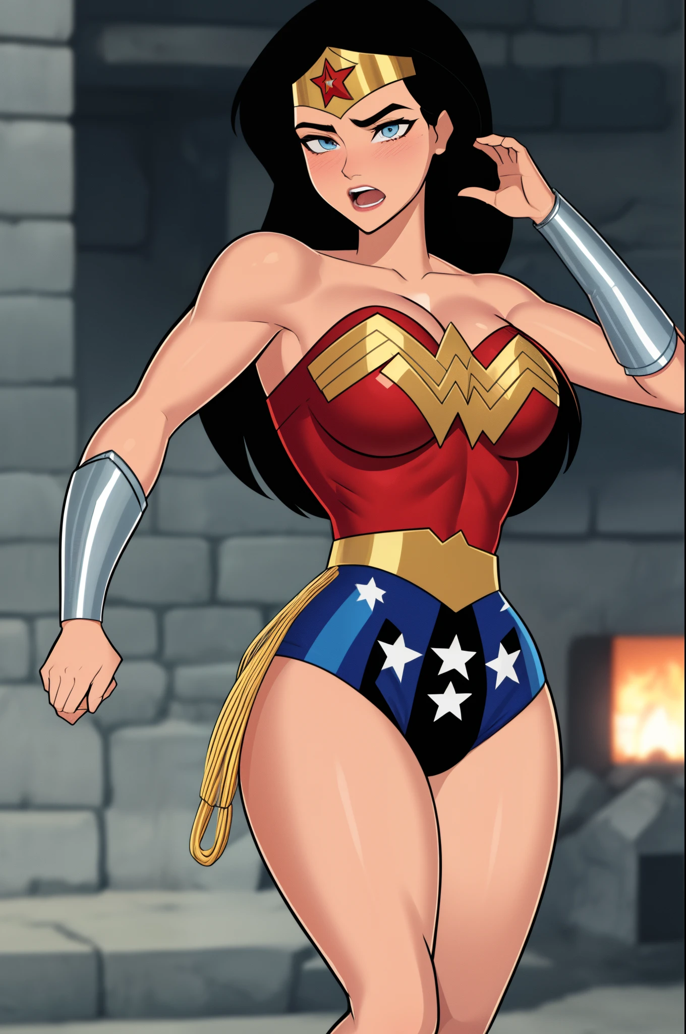 (She is in a stone cell), Wonderwomanfit, cabelos muito longos, cabelos pretos, cabelo entre os olhos, Olhos azuis, (Cosplay perfeito de  Wonderwoman), roupas brilhantes, impossible bodysuit, Pele apertada, bodysuit estrelado, Olhando para o Viewer chorando, (blush vermelho),(pernas musculosas:1.3), ( pose acuada), ((Wonder Woman capturada e torturada)), (Thrown on the ground)