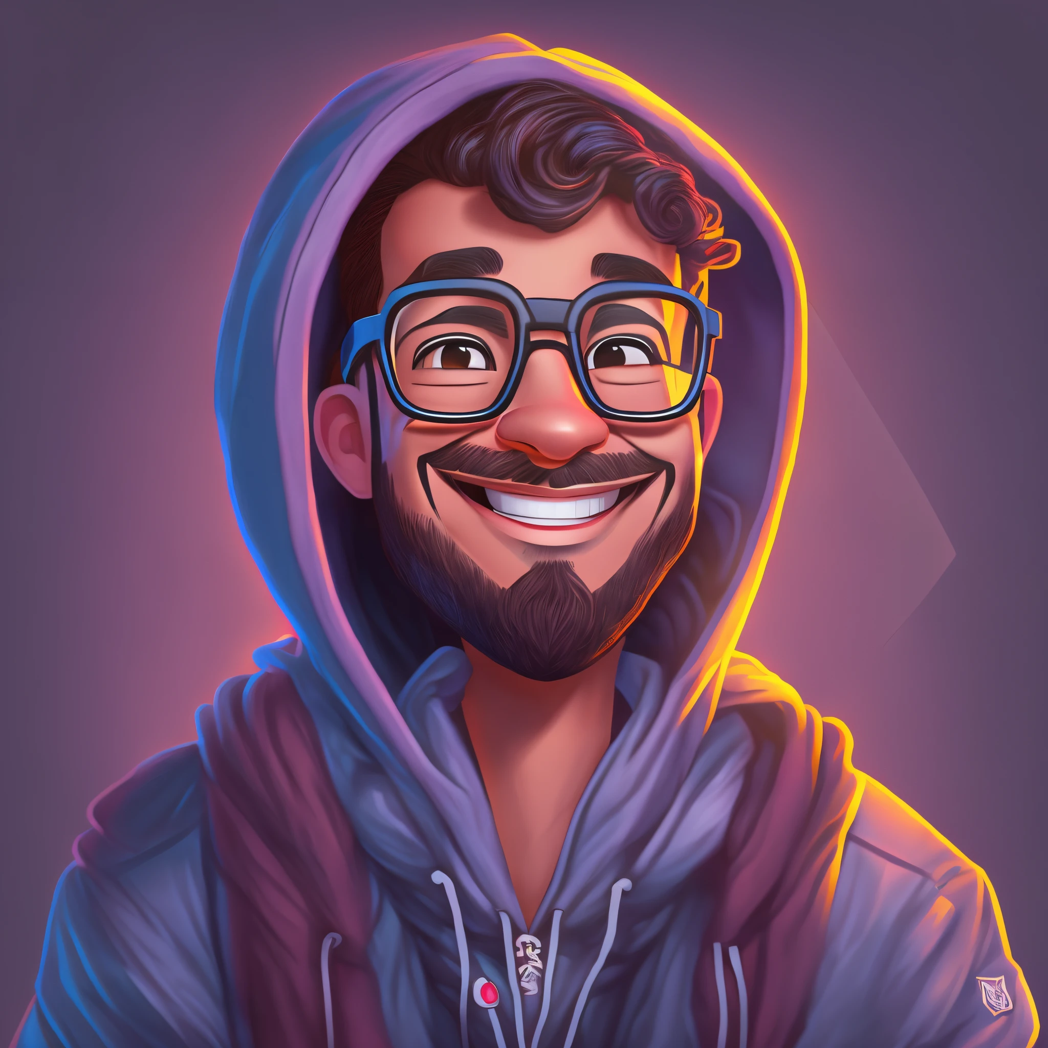 Create a high-quality 2D Pixar Disney cartoon portrait of a 1man wearing glasses and a hoodie, showing a cheerful smile. This portrait is intended for use as an NFT, an avatar image, a Discord profile photo, and a character concept portrait for the Twitch streamer and gamer known as /PivaArts/. The completed portrait should be detailed and capture the personality and style of /PivaArts/, Becoming a Statement Piece. The focus is on a character headshot portrait fit for a Twitch streamer. (((pivaArts)))