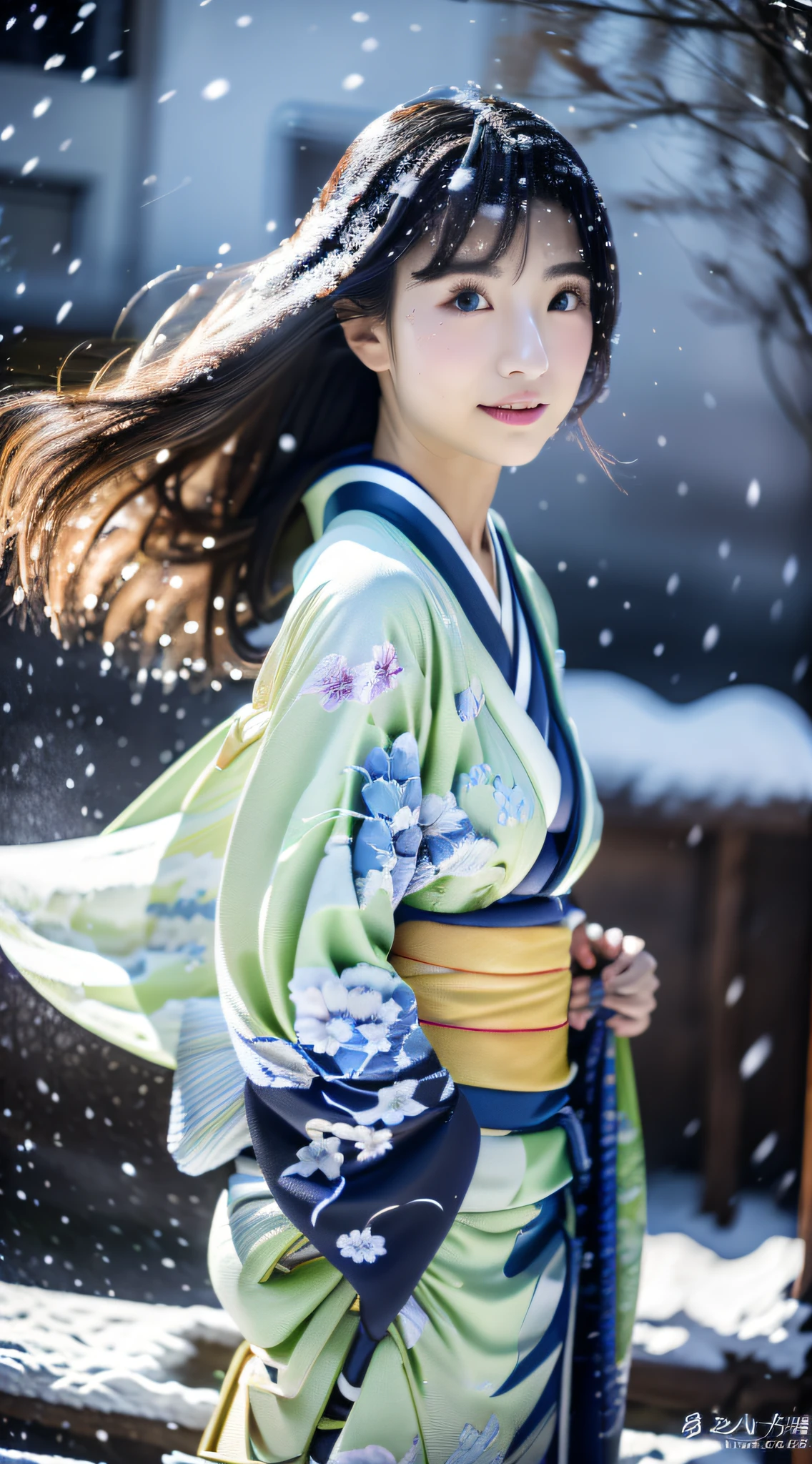 ((Kimono))、(full body Esbian)、(top-quality,masterpiece:1.3、超A high resolution)、(ultra-detailliert、Caustics)、(Photorealsitic:1.4、RAW shooting)、Ultra-realistic capture、A highly detailed、 Skin texture is natural、(voluminous hair)、25-years old、The skin looks healthy with an even tone、 Use natural light and color、One Woman、japanes、A dark-haired、Middle hair、(Falling snow:1.3)、(Hair swaying in the wind:1.3)、(Snow reflects light)、Light in the eyes、Looking at the camera、