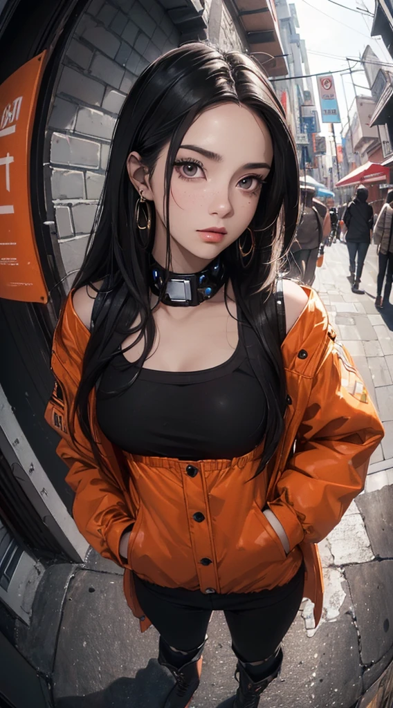 (((8k wallpaper of extremely detailed CG unit:1.2, masterpiece, hight resolution:1.2, top-quality:1.2, masutepiece))), ((a very beautiful woman, Hands in pockets:1.8, Mode Fashion:1.5, Wearing a coat:1.3, Wearing boots)), ((extra detailed face, Highly detailed black eyes, extra detailed body, Top quality real texture skins)), (A dark-haired:1.2, straight haired:1.2, The long-haired, de pele branca, Big:1.2, exposed shoulder), ((natta:1.4, Neon Street:1.4, alleyway)), (high-angle:1.1, a closeup, Fisheye:1.4), hyper realisitic, digitial painting,