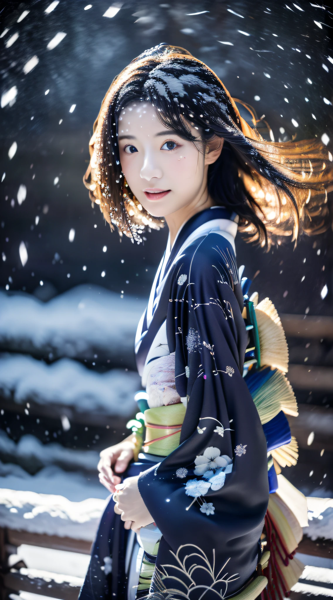 ((Kimono))、(full body Esbian)、(top-quality,masterpiece:1.3、超A high resolution)、(ultra-detailliert、Caustics)、(Photorealsitic:1.4、RAW shooting)、Ultra-realistic capture、A highly detailed、 Skin texture is natural、(voluminous hair)、25-years old、The skin looks healthy with an even tone、 Use natural light and color、One Woman、japanes、A dark-haired、Middle hair、(Falling snow:1.3)、(Hair swaying in the wind:1.3)、(Snow reflects light)、Light in the eyes、Looking at the camera、