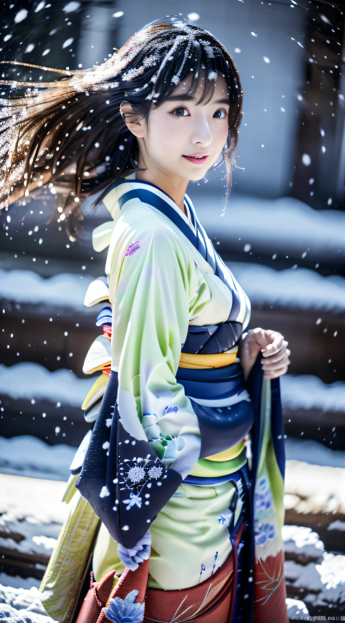 ((Kimono))、(full body Esbian)、(top-quality,masterpiece:1.3、超A high resolution)、(ultra-detailliert、Caustics)、(Photorealsitic:1.4、RAW shooting)、Ultra-realistic capture、A highly detailed、 Skin texture is natural、(voluminous hair)、25-years old、The skin looks healthy with an even tone、 Use natural light and color、One Woman、japanes、A dark-haired、Middle hair、(Falling snow:1.3)、(Hair swaying in the wind:1.3)、(Snow reflects light)、Light in the eyes、Looking at the camera、