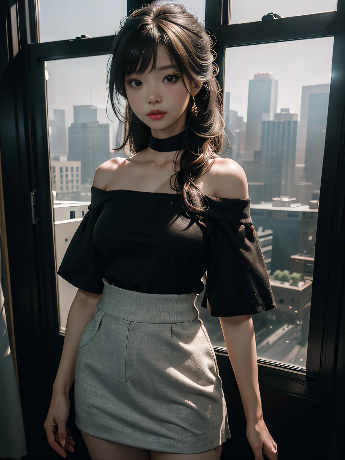 top-quality、masterpiece、超A high resolution、(Photorealsitic:1.4)、Raw photo、1人、off shoulder black tight skirt、(girl standing by the window in the office)、(Outside the window, a skyscraper is hazy)