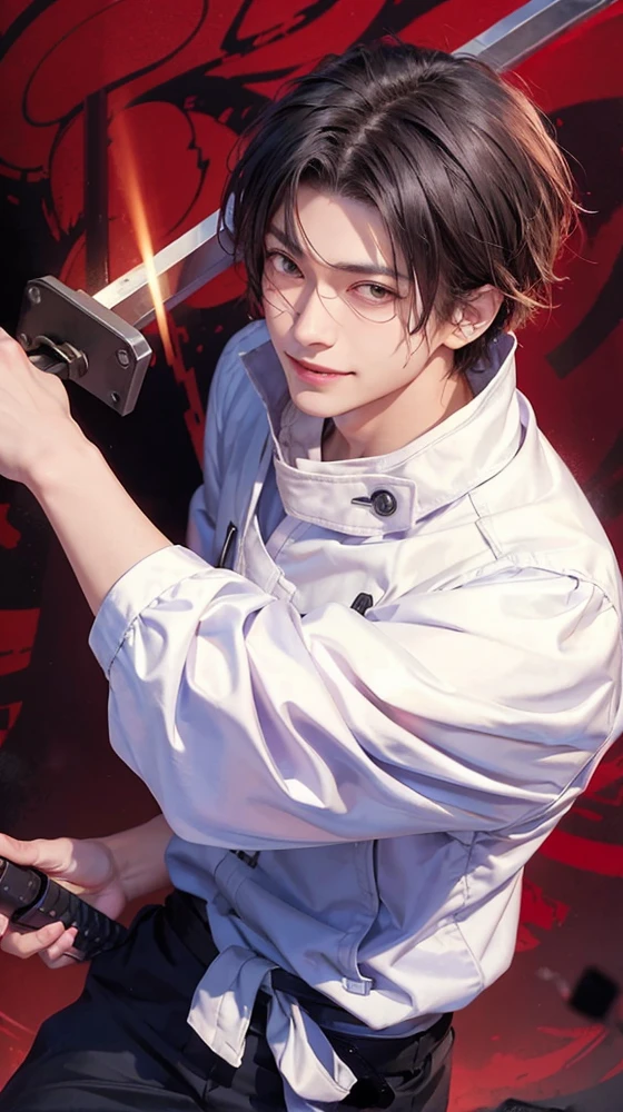 1man, yuta in anime jujutsu kaisen, short hair , black hair, eyes, handsome, smile, white clothes, realistic clothes, detail clothes, city background, ultra detail, realistic