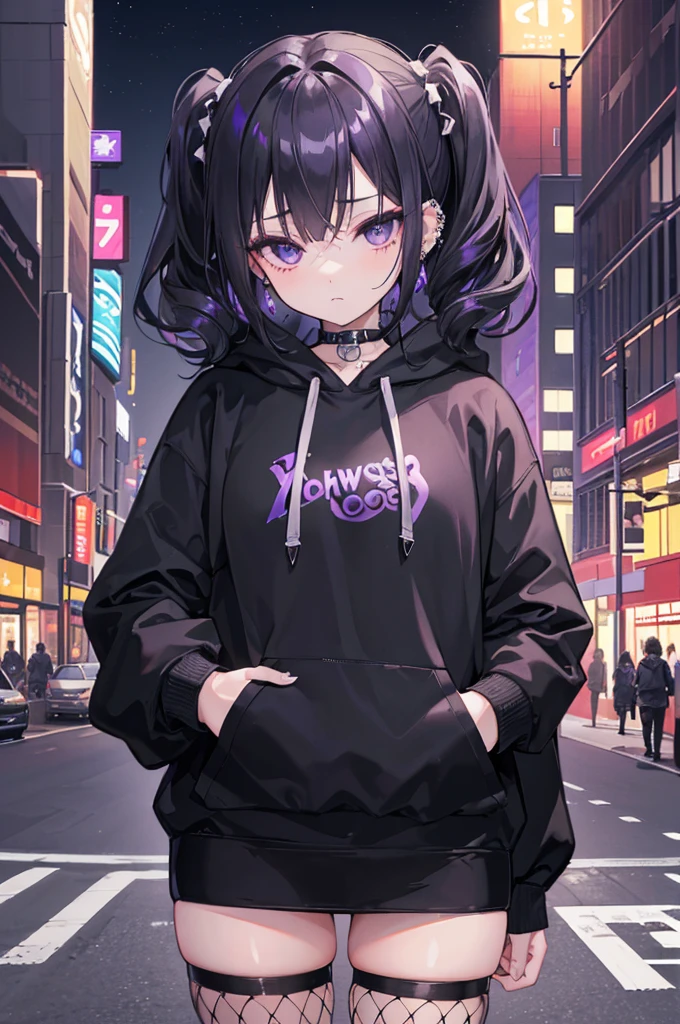 (8K、Top image quality、top-quality、masterpiece)、1 girl in、black short hair twin tails、waved hair、(hair over one eye)、Purple eyes、piercings、expressionless、Moderately breasts、((black hoodie))、((fishnet stockings))、cowboy shot、Downtown background at night